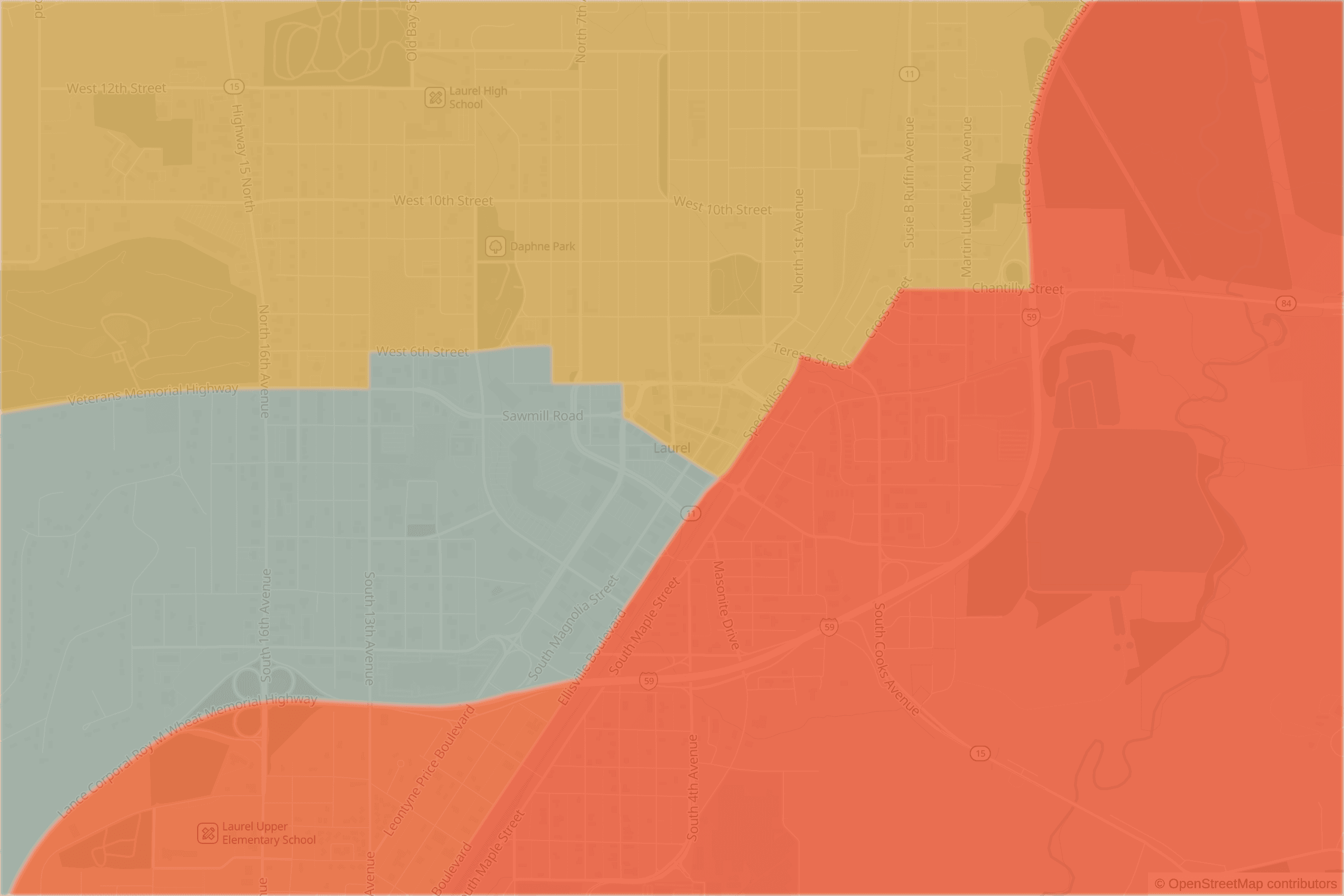 Map of central Laurel, MS and the blocks around it, each census tract shaded by its neighborhood grade, A to F