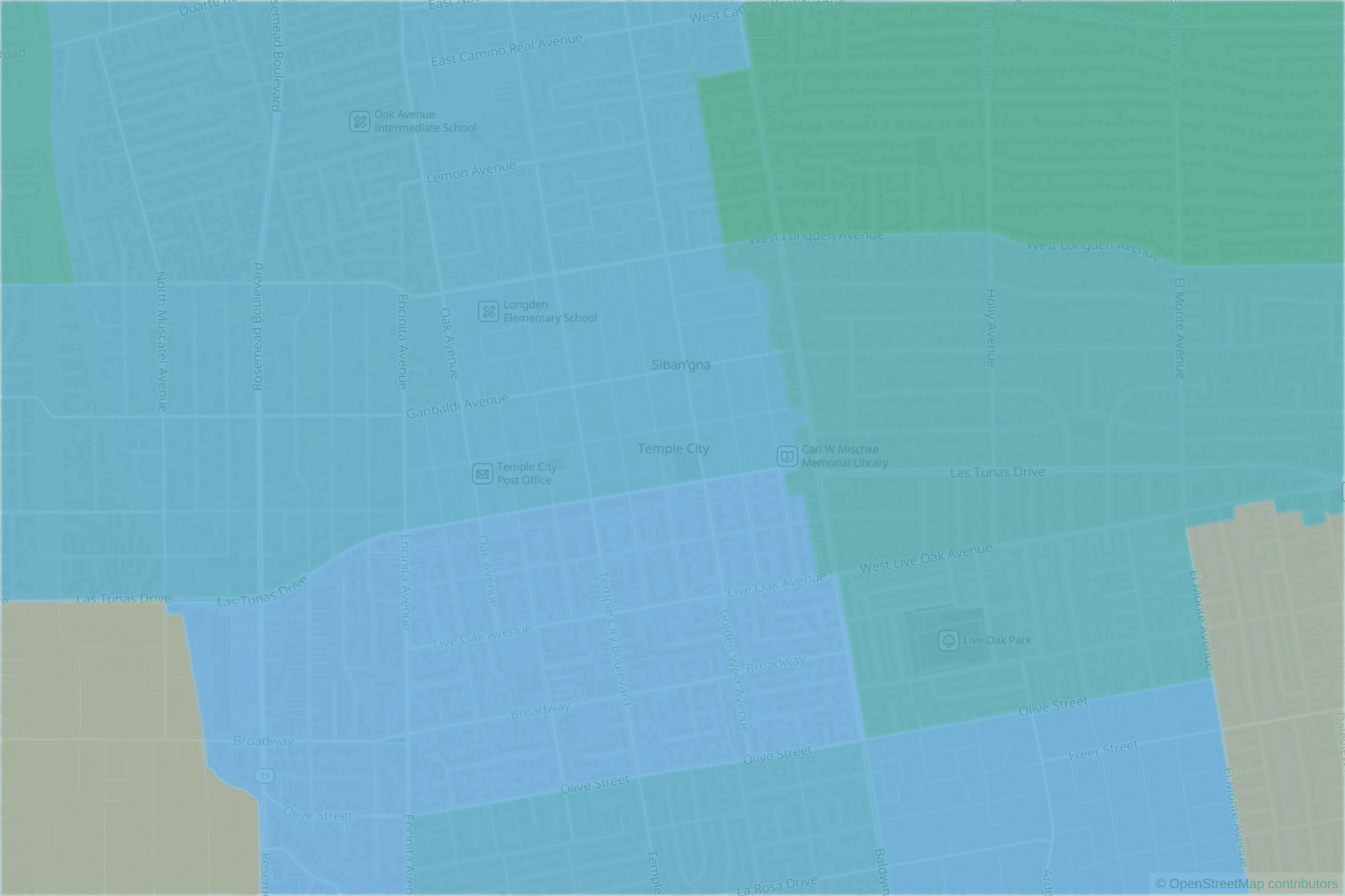 Map of central Temple City, CA and the blocks around it, each census tract shaded by its neighborhood grade, A to F