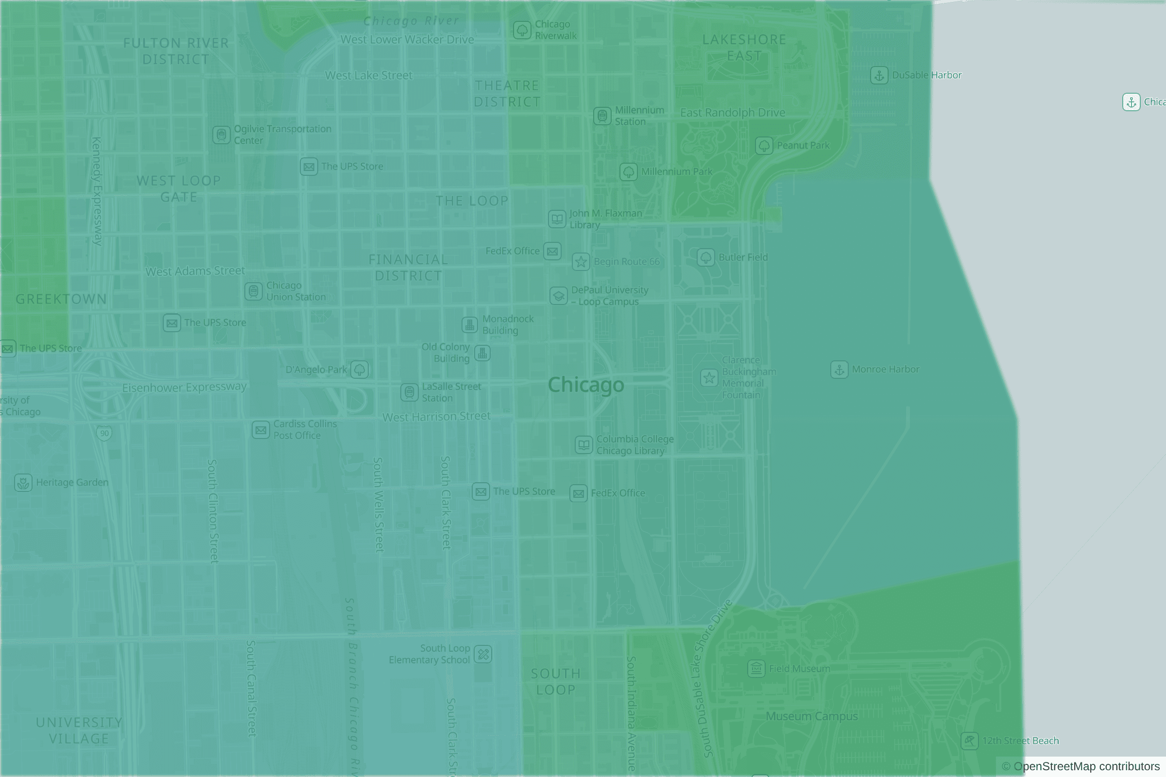 Map of central Chicago, IL and the blocks around it, each census tract shaded by its neighborhood grade, A to F
