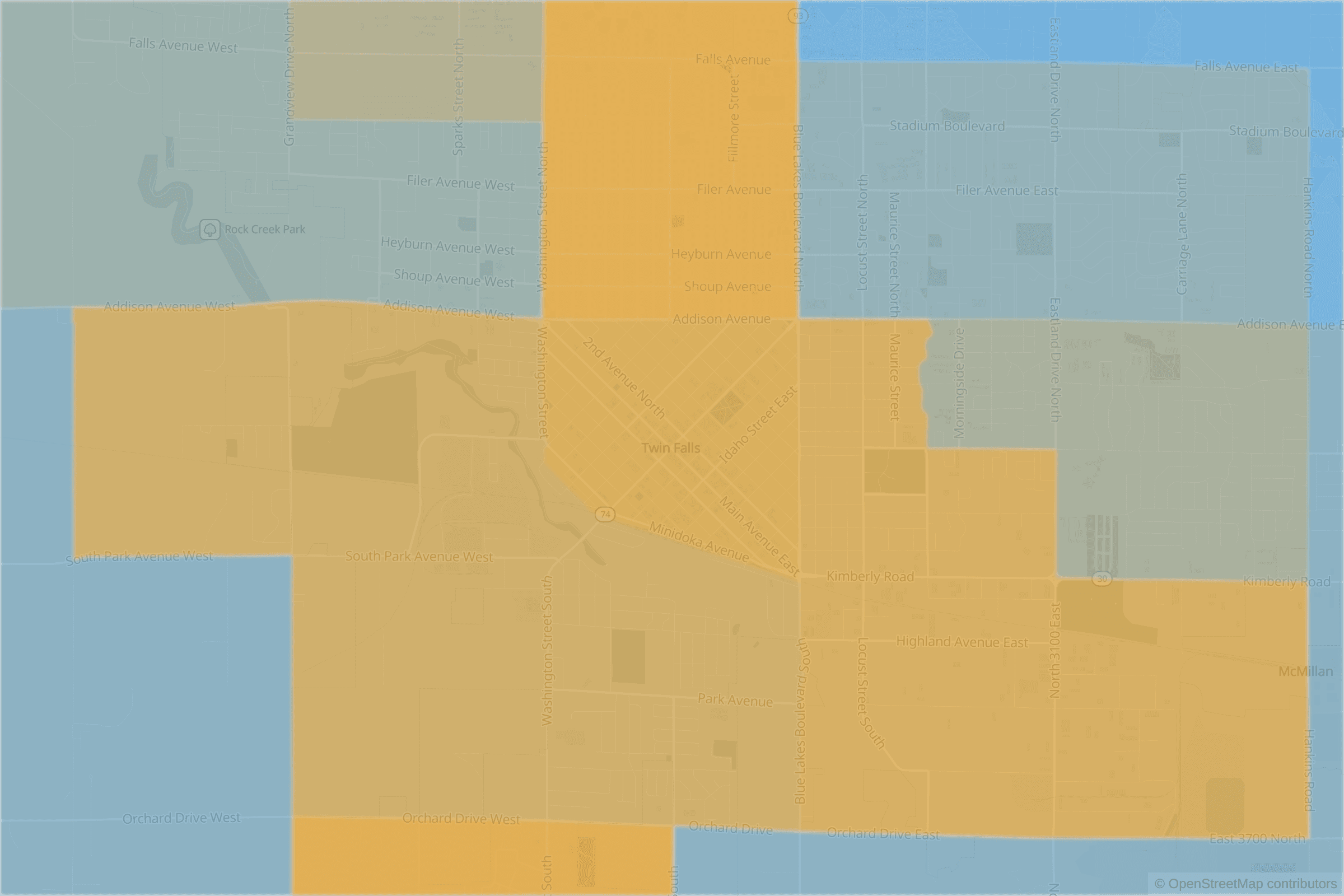 Map of central Twin Falls, ID and the blocks around it, each census tract shaded by its neighborhood grade, A to F