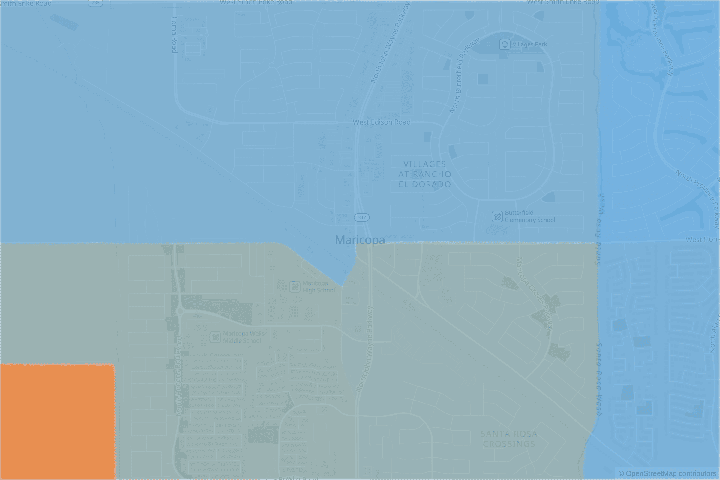 Map of central Maricopa, AZ and the blocks around it, each census tract shaded by its neighborhood grade, A to F