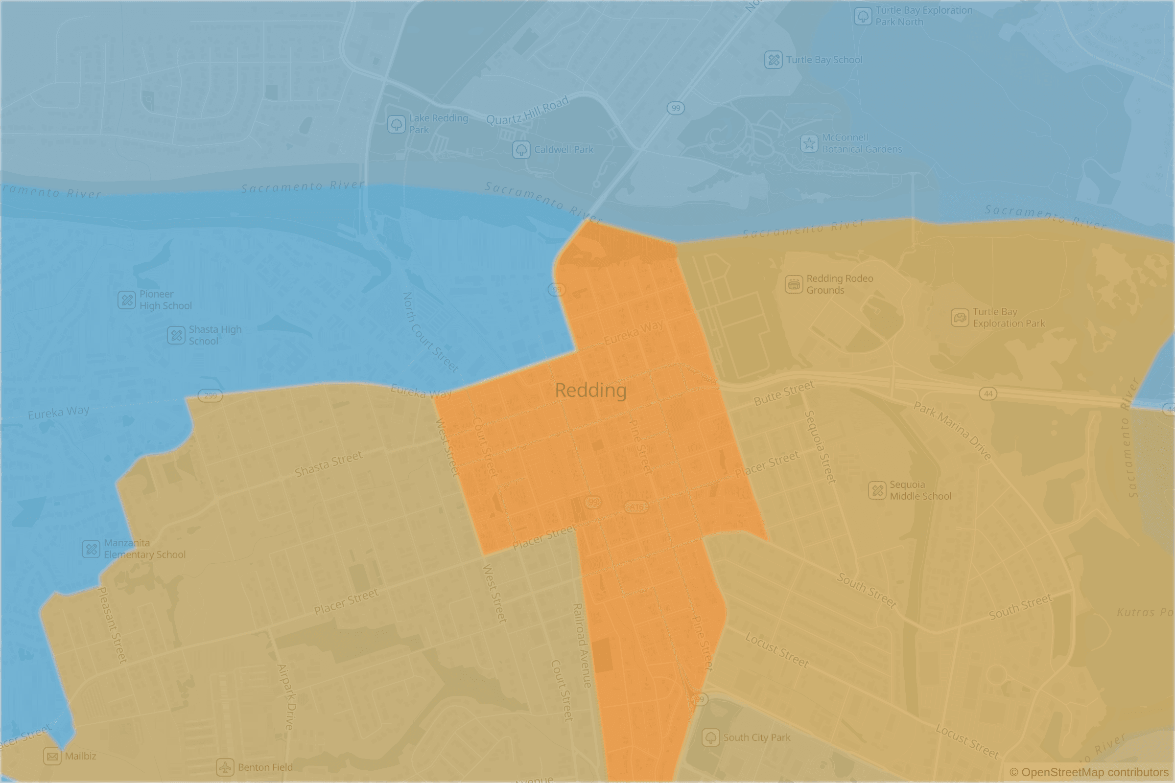 Map of central Redding, CA and the blocks around it, each census tract shaded by its neighborhood grade, A to F