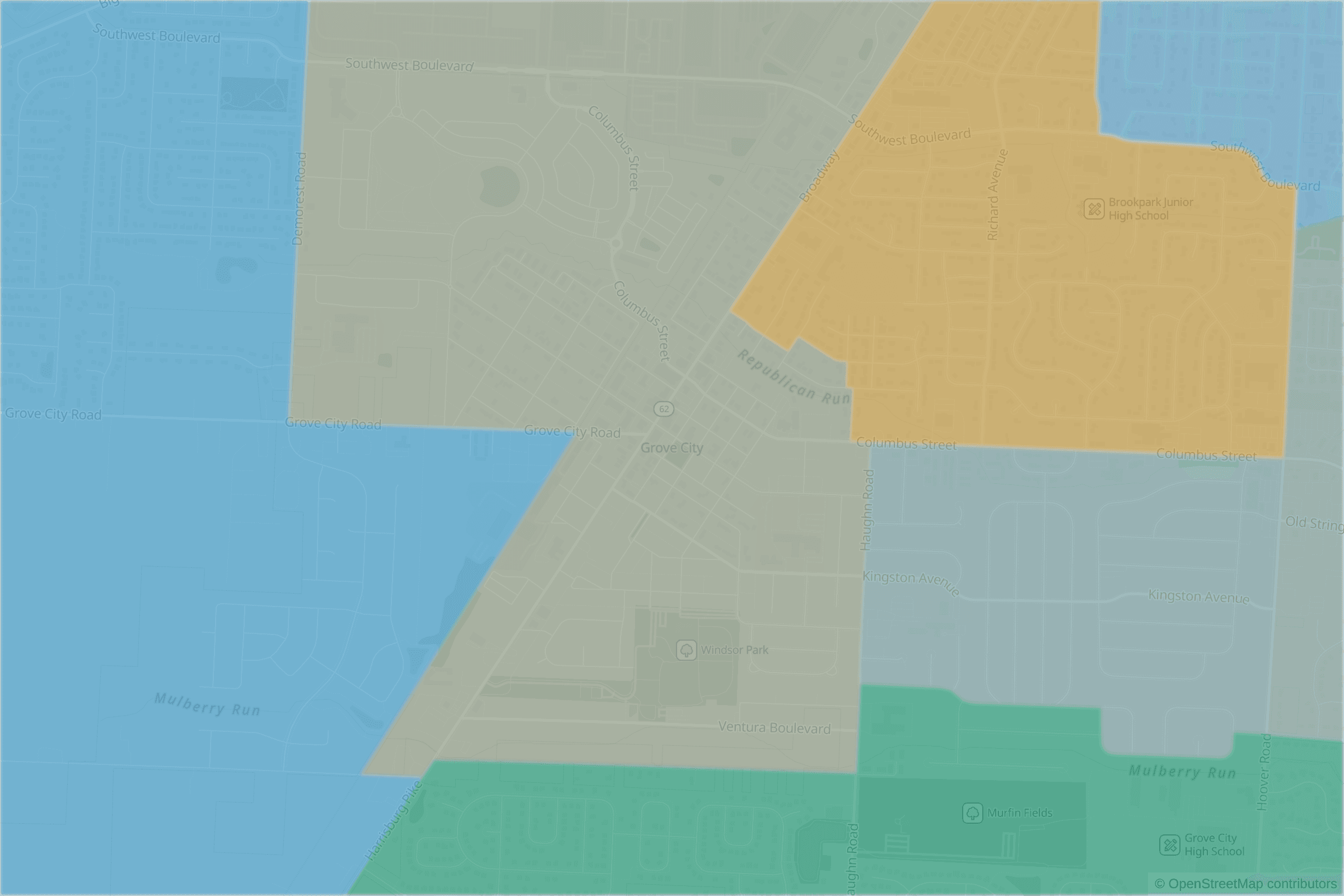 Map of central Grove City, OH and the blocks around it, each census tract shaded by its neighborhood grade, A to F