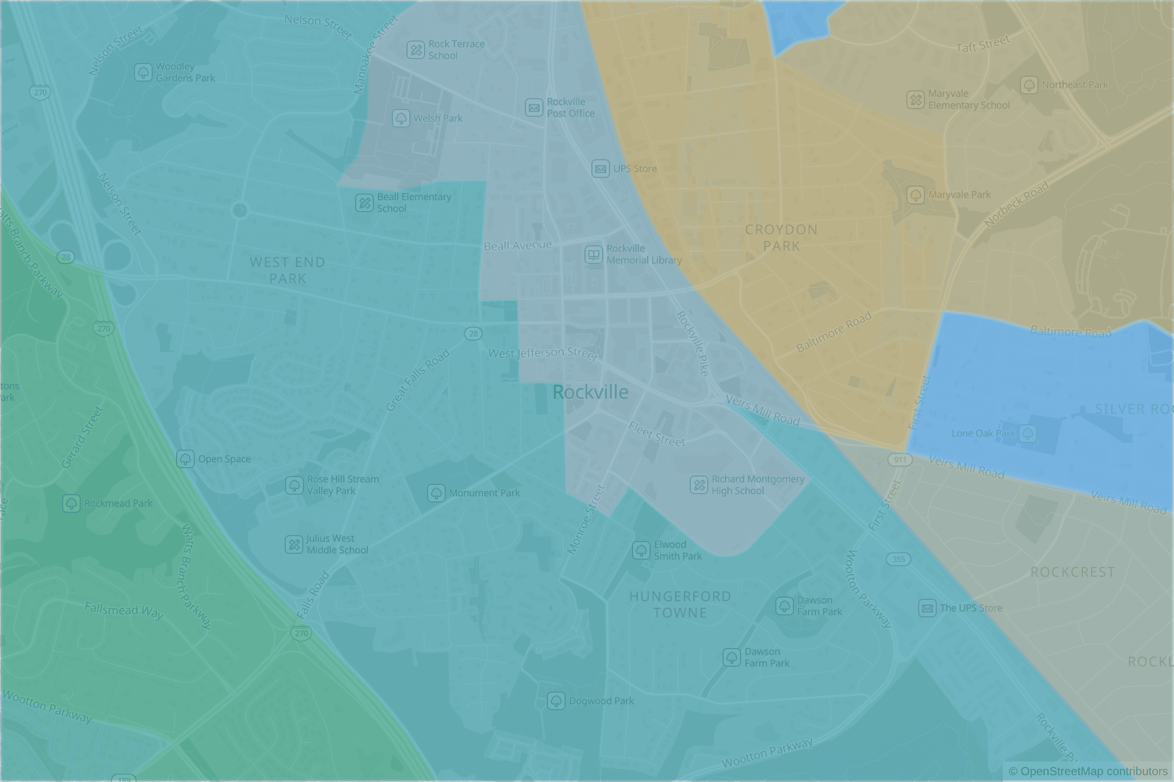 Map of central Rockville, MD and the blocks around it, each census tract shaded by its neighborhood grade, A to F