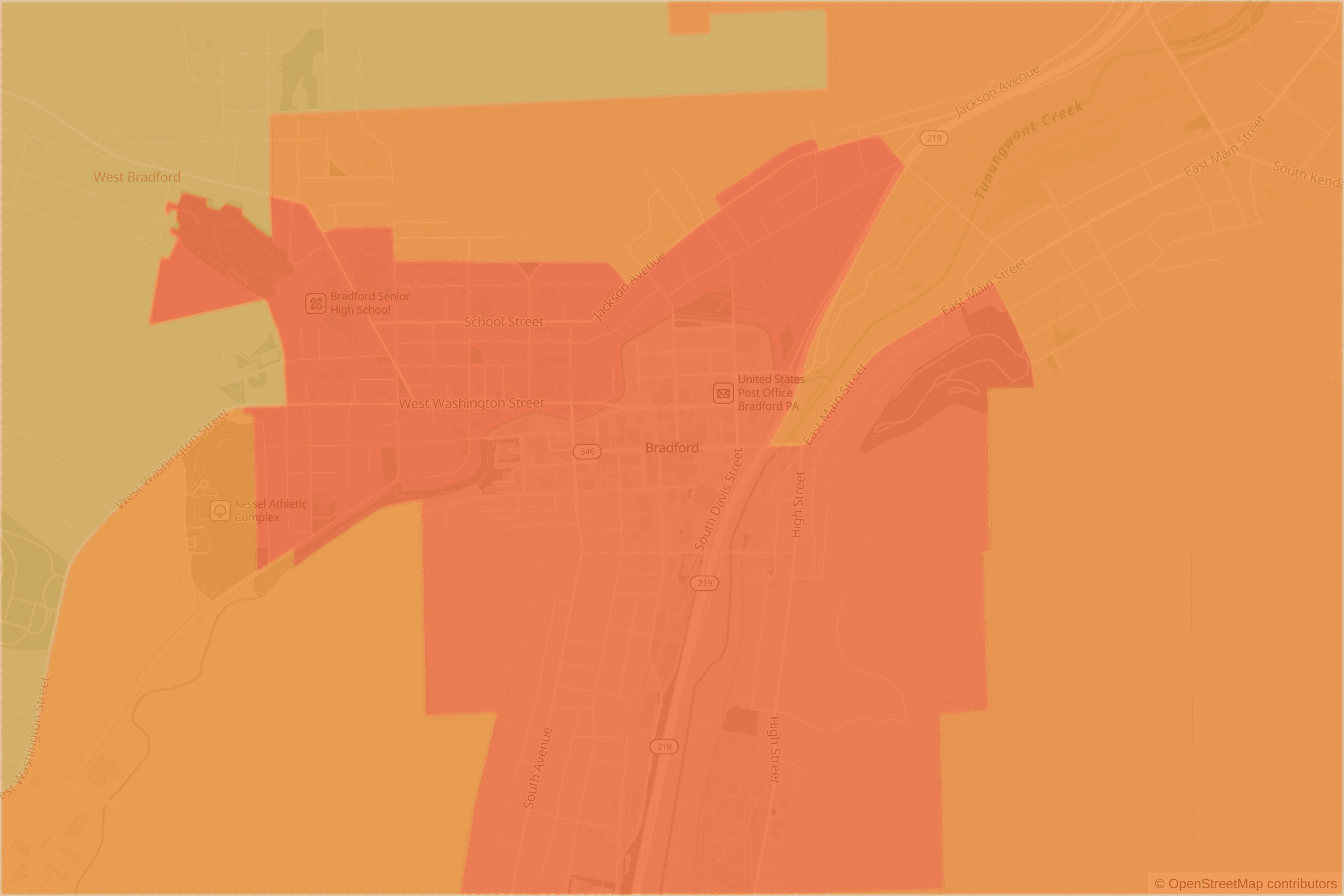 Map of central Bradford, PA and the blocks around it, each census tract shaded by its neighborhood grade, A to F