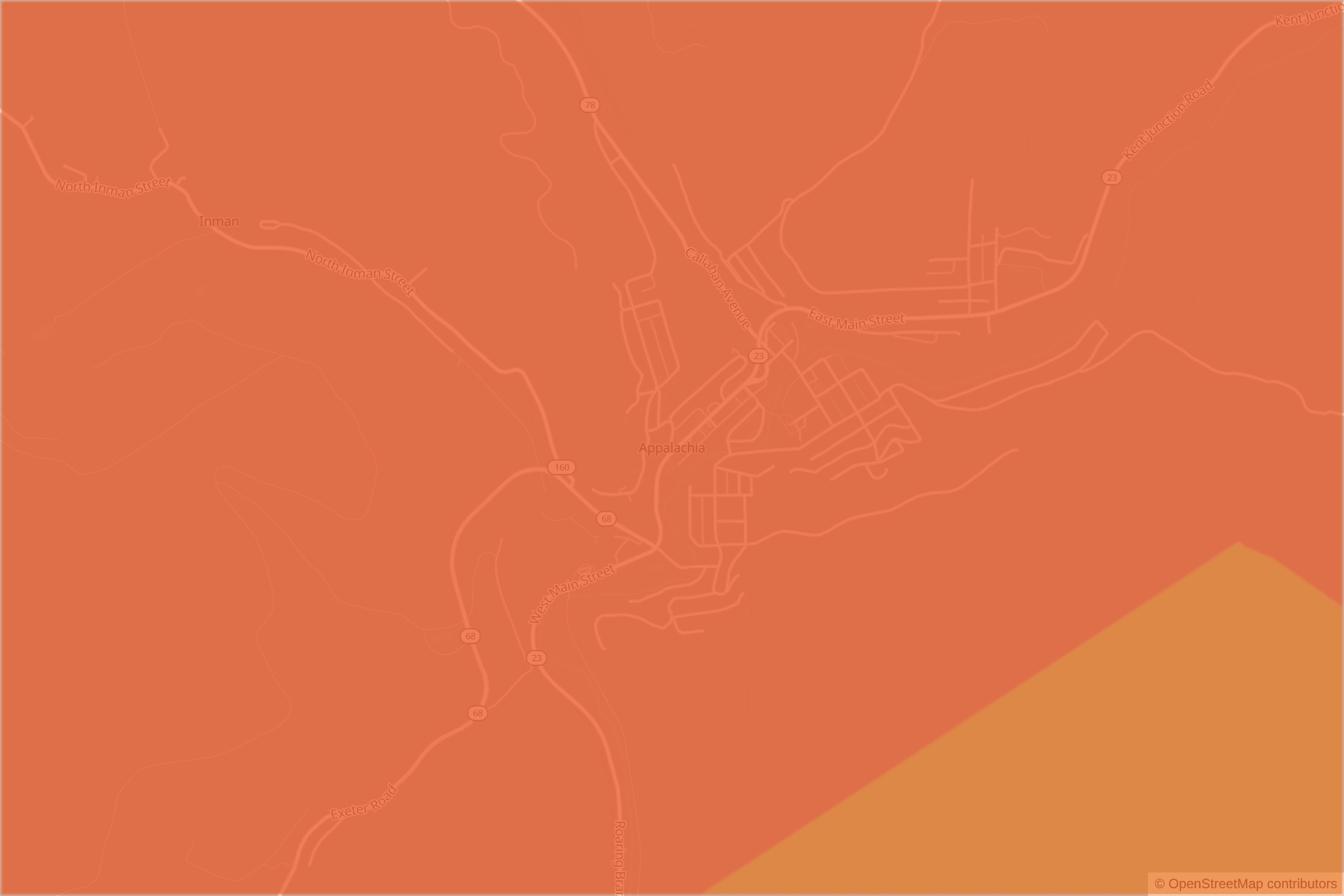 Map of central Appalachia, VA and the blocks around it, each census tract shaded by its neighborhood grade, A to F