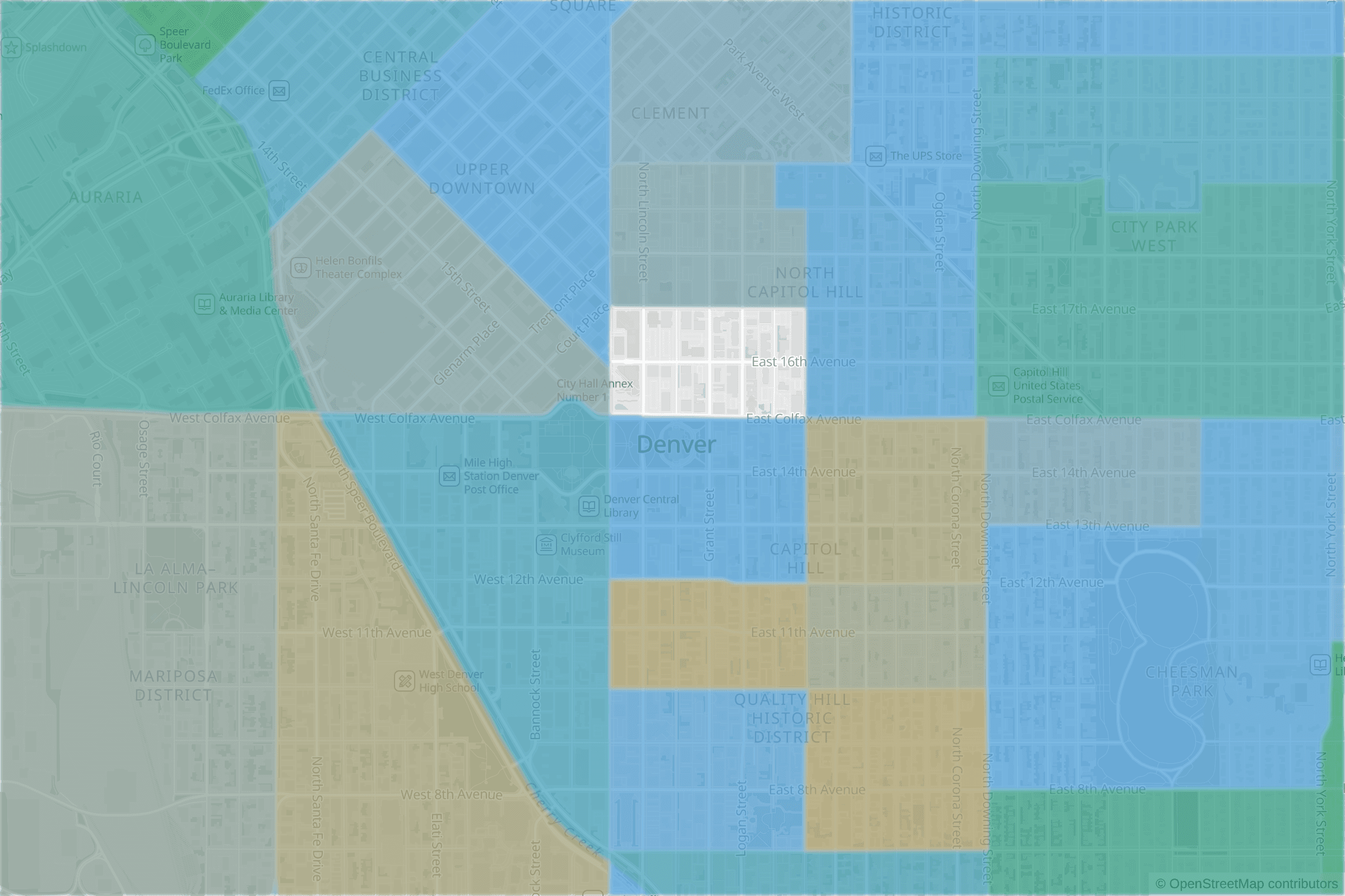 Map of central Denver, CO and the blocks around it, each census tract shaded by its neighborhood grade, A to F