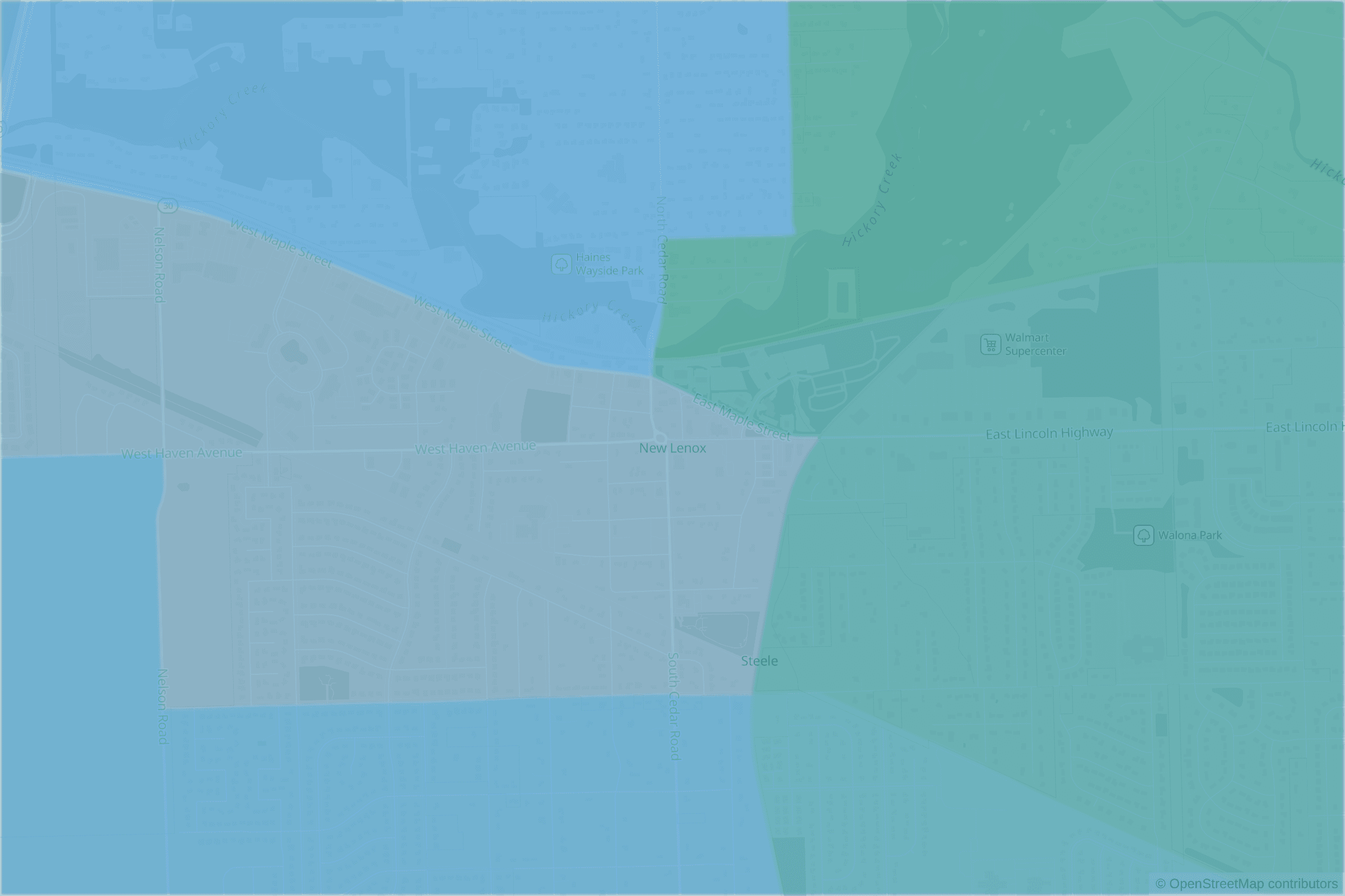 Map of central New Lenox, IL and the blocks around it, each census tract shaded by its neighborhood grade, A to F