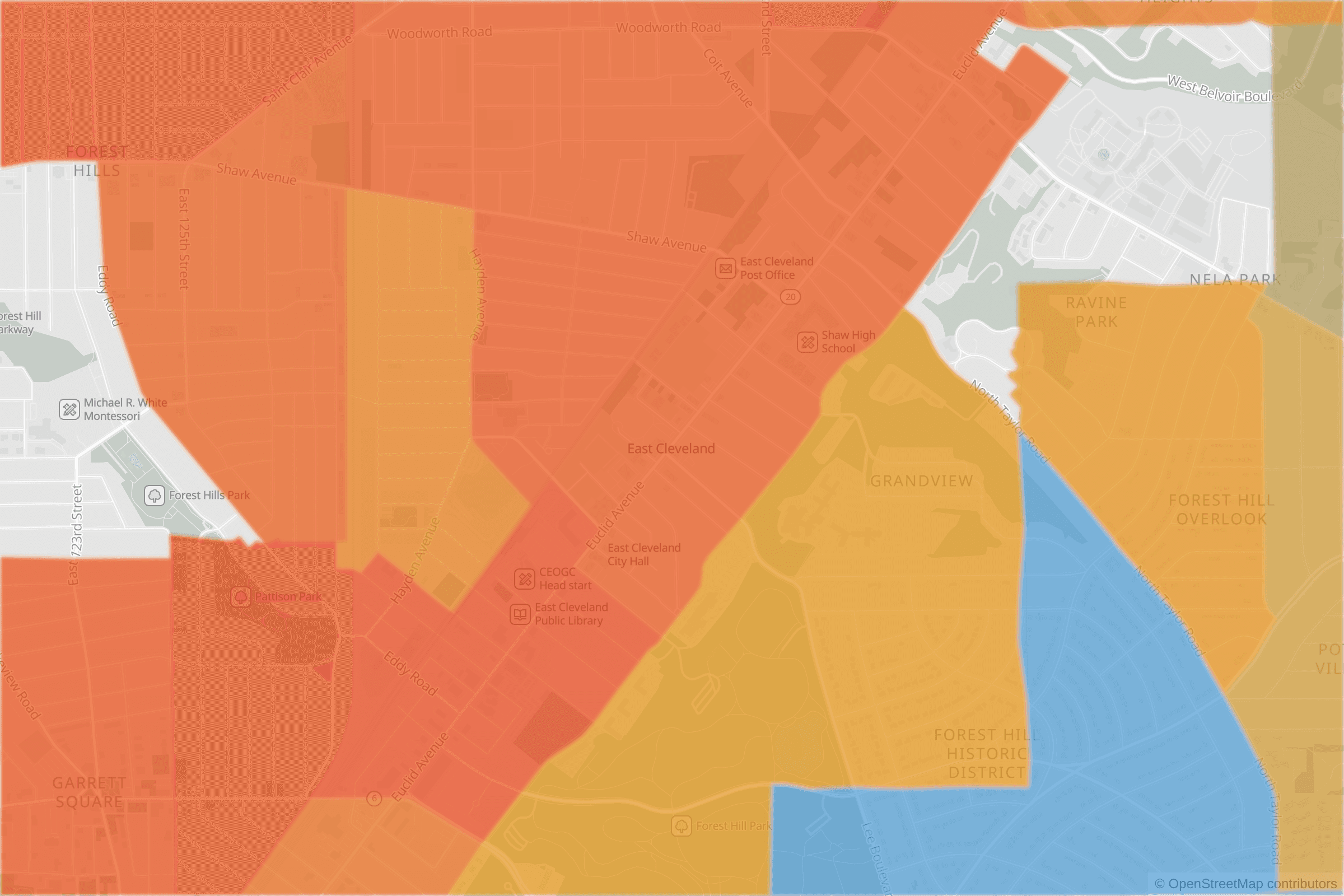 Map of central East Cleveland, OH and the blocks around it, each census tract shaded by its neighborhood grade, A to F