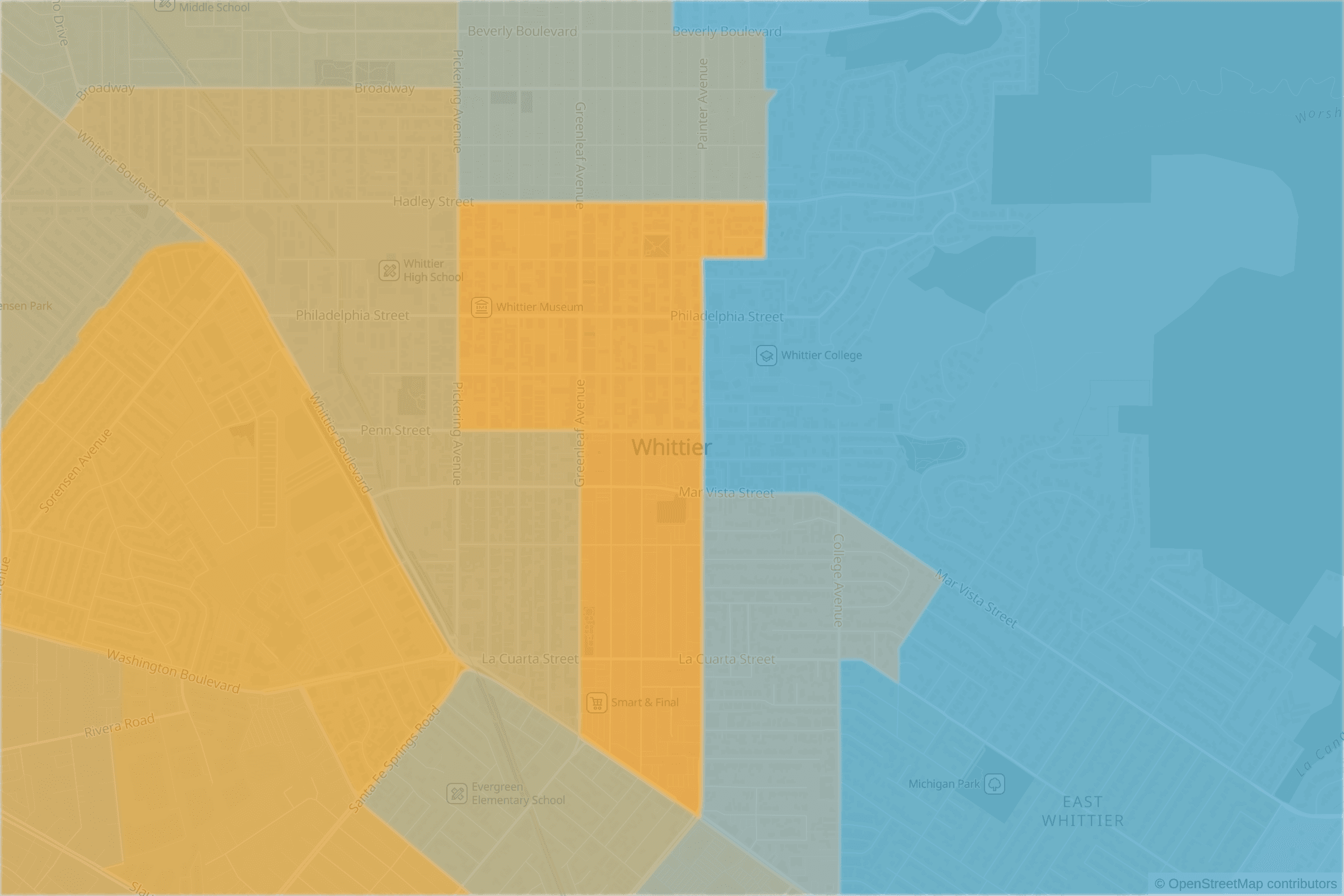 Map of central Whittier, CA and the blocks around it, each census tract shaded by its neighborhood grade, A to F