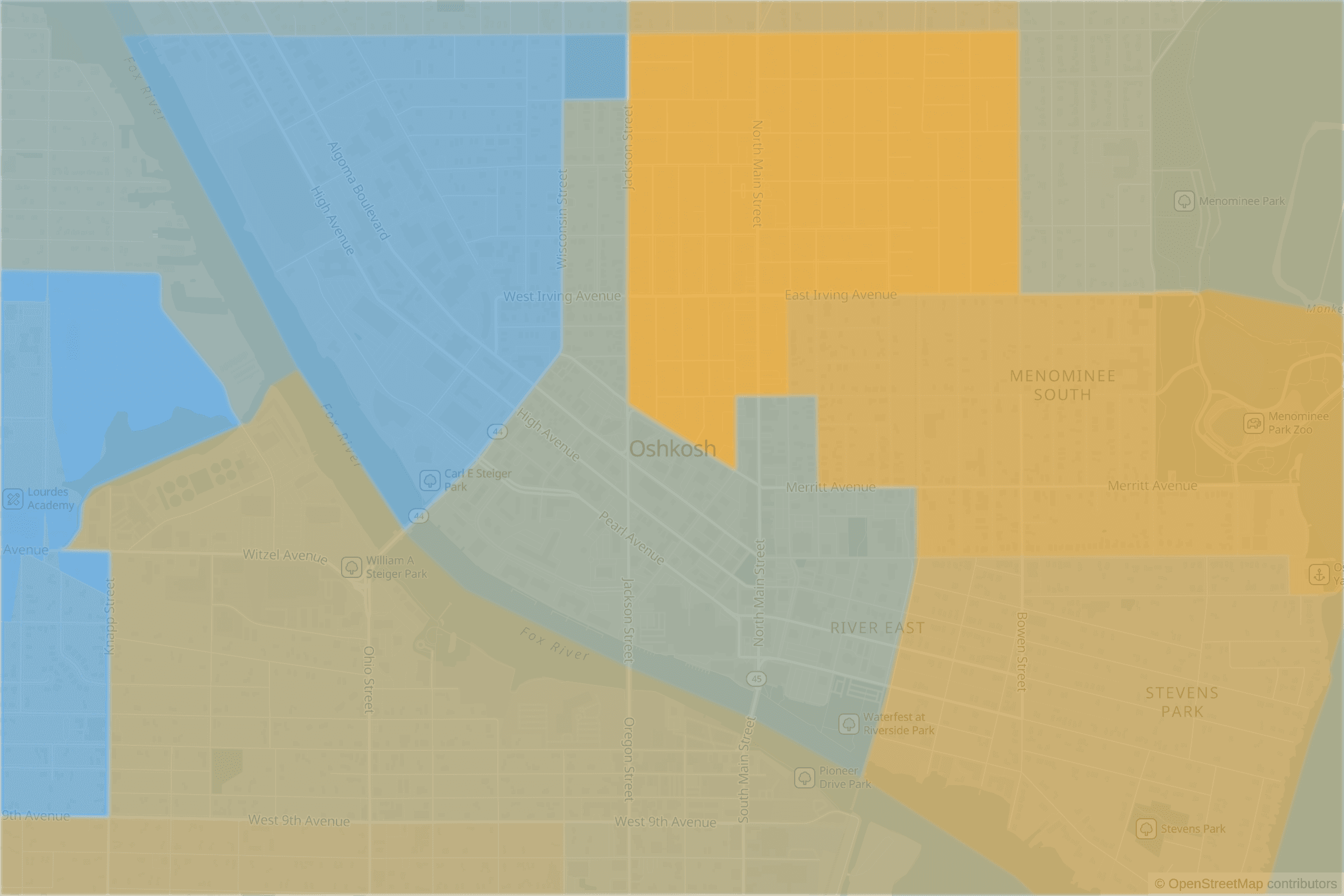 Map of central Oshkosh, WI and the blocks around it, each census tract shaded by its neighborhood grade, A to F