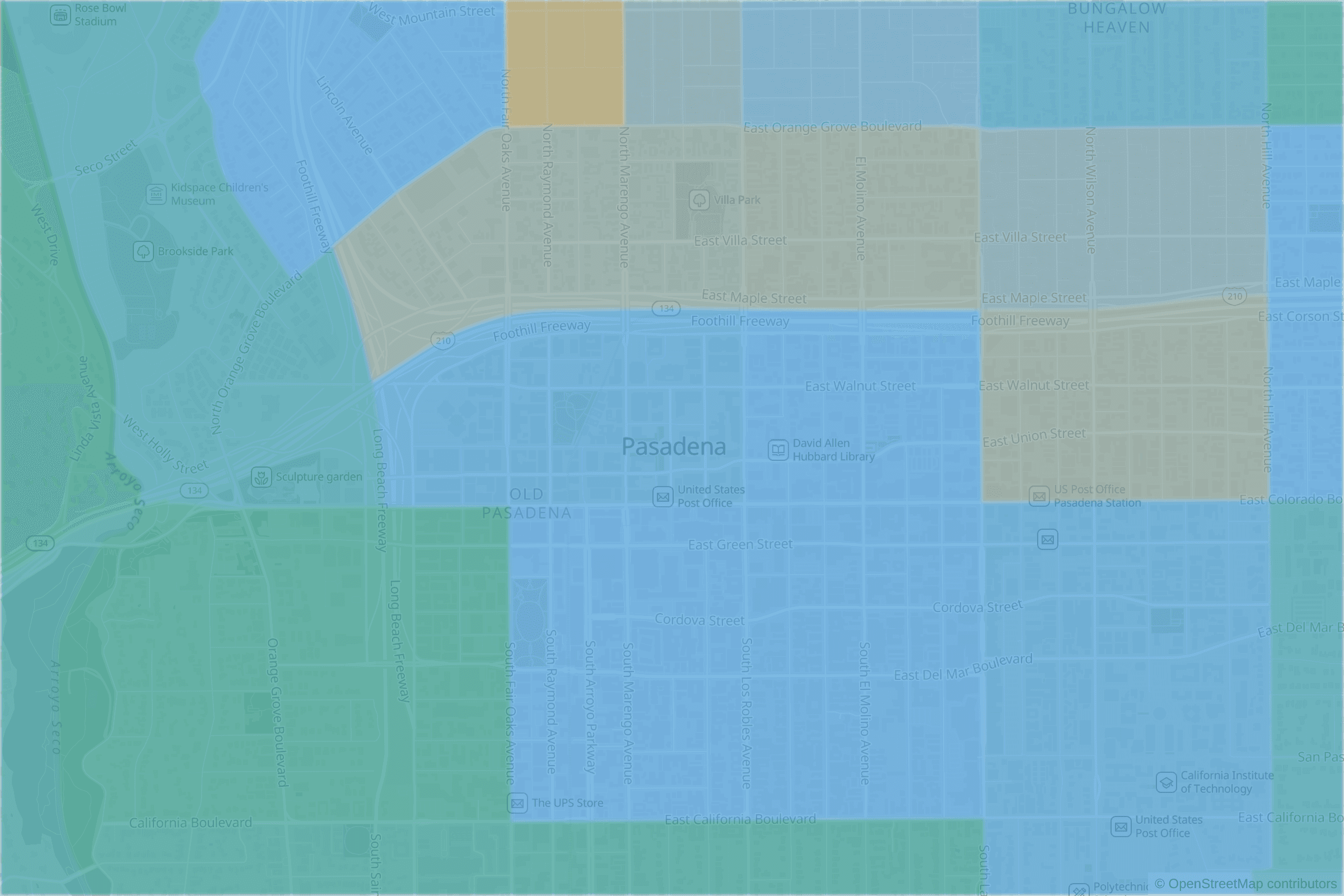 Map of central Pasadena, CA and the blocks around it, each census tract shaded by its neighborhood grade, A to F