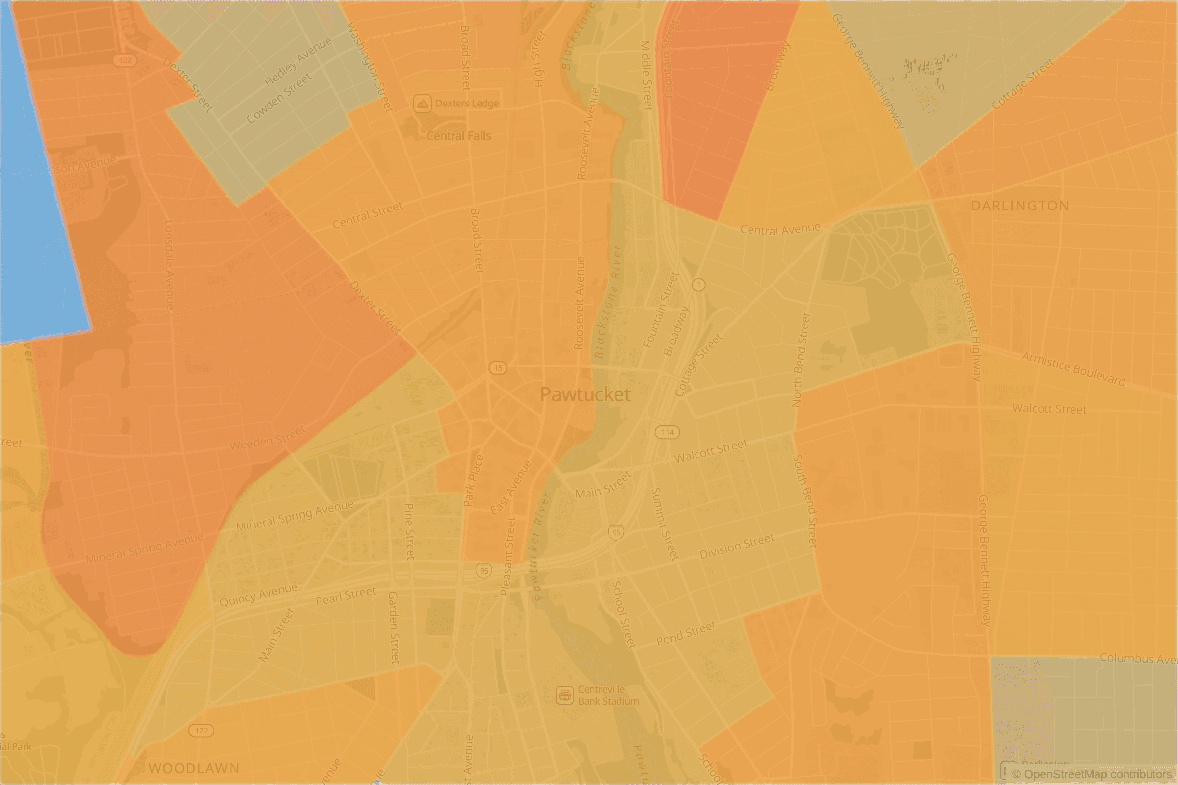Map of central Pawtucket, RI and the blocks around it, each census tract shaded by its neighborhood grade, A to F