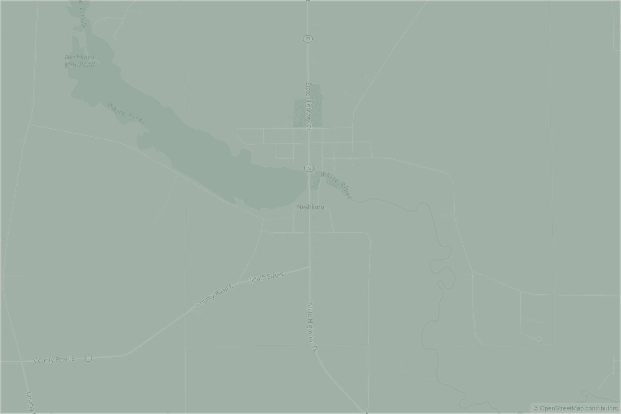 Map of central Neshkoro, WI and the blocks around it, each census tract shaded by its neighborhood grade, A to F
