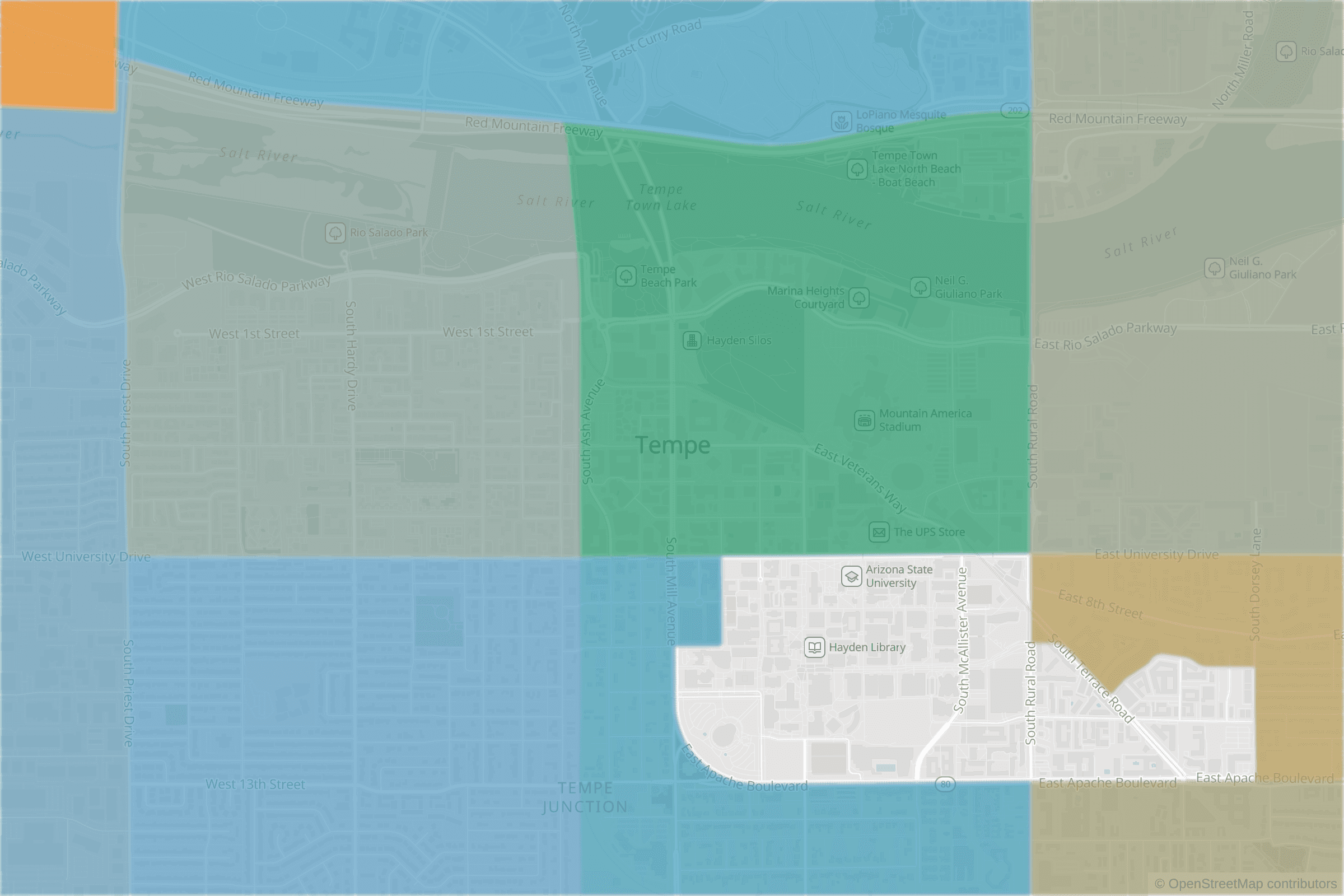 Map of central Tempe, AZ and the blocks around it, each census tract shaded by its neighborhood grade, A to F