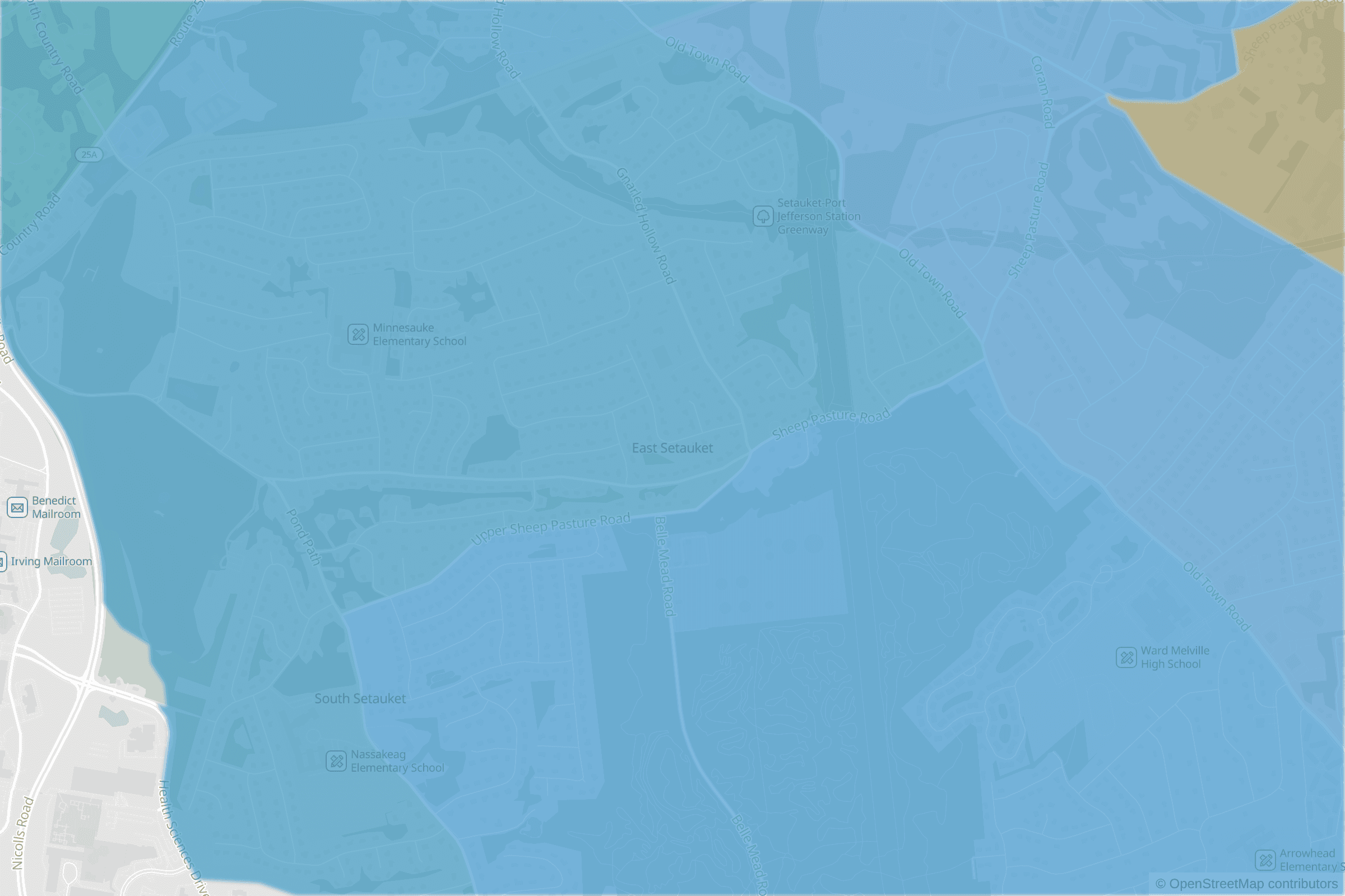 Map of central East Setauket, NY and the blocks around it, each census tract shaded by its neighborhood grade, A to F