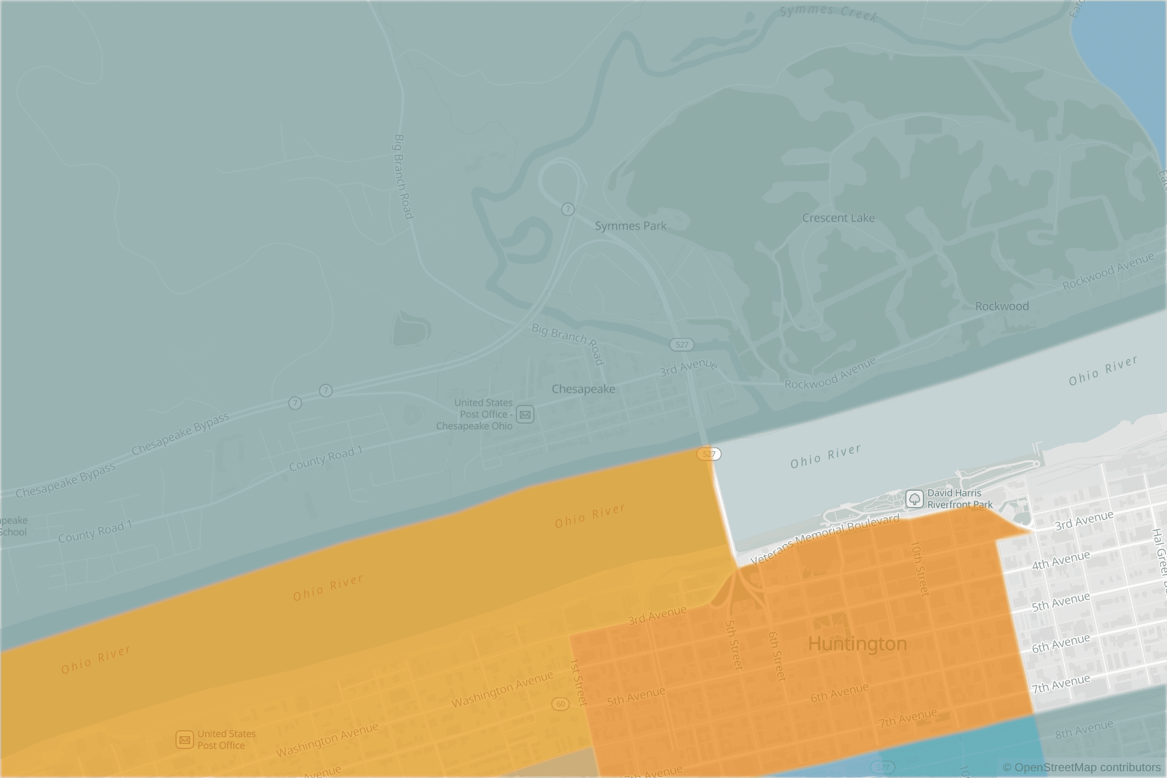 Map of central Chesapeake, OH and the blocks around it, each census tract shaded by its neighborhood grade, A to F