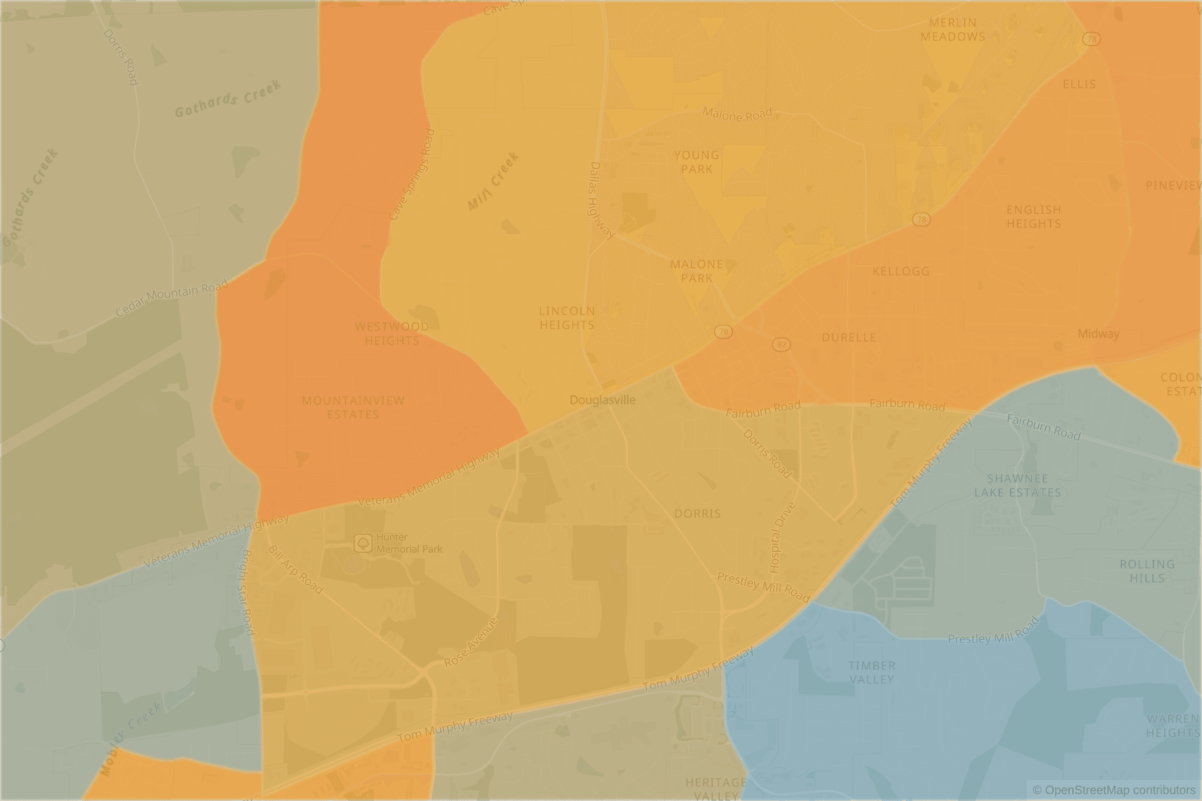 Map of central Douglasville, GA and the blocks around it, each census tract shaded by its neighborhood grade, A to F