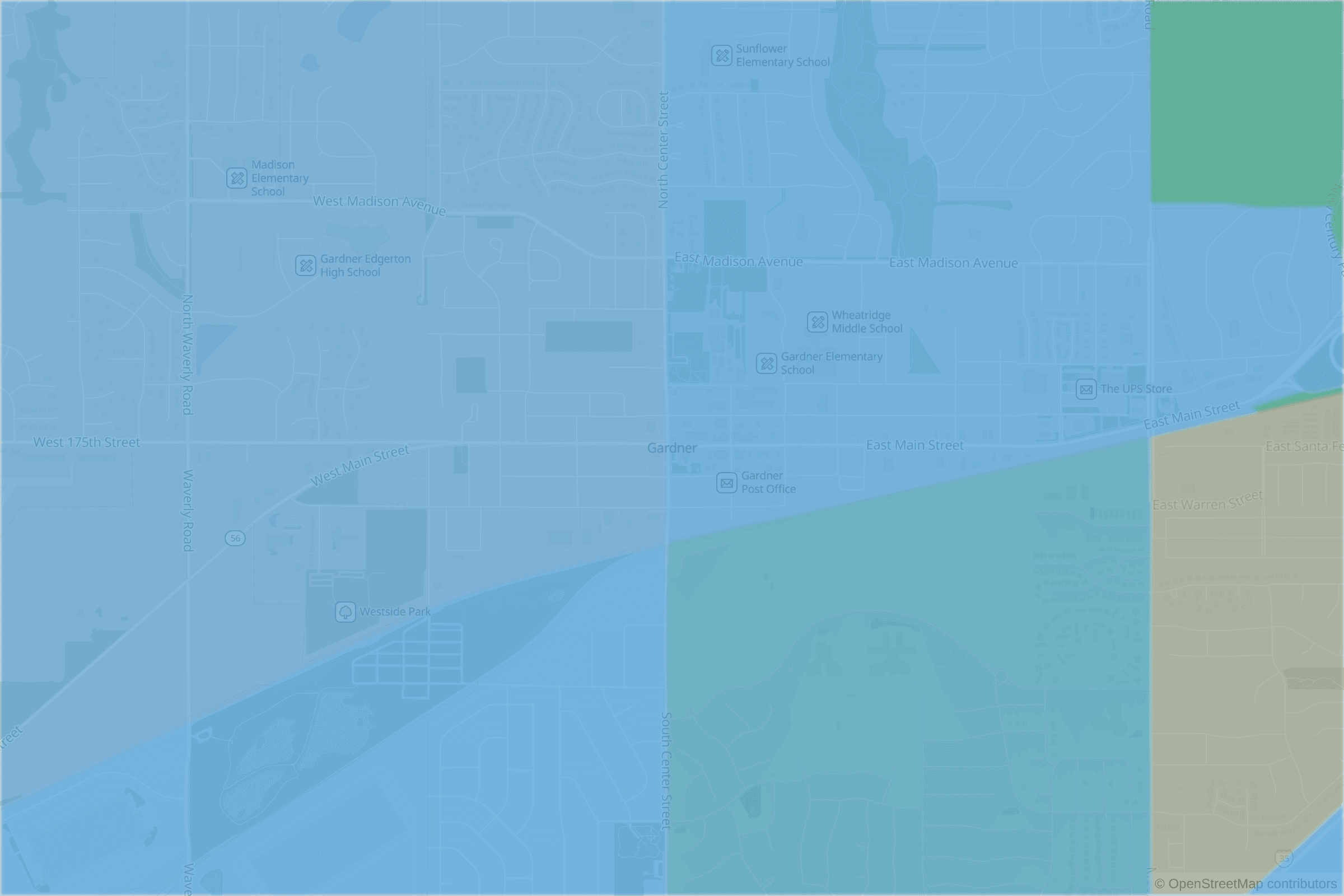 Map of central Gardner, KS and the blocks around it, each census tract shaded by its neighborhood grade, A to F