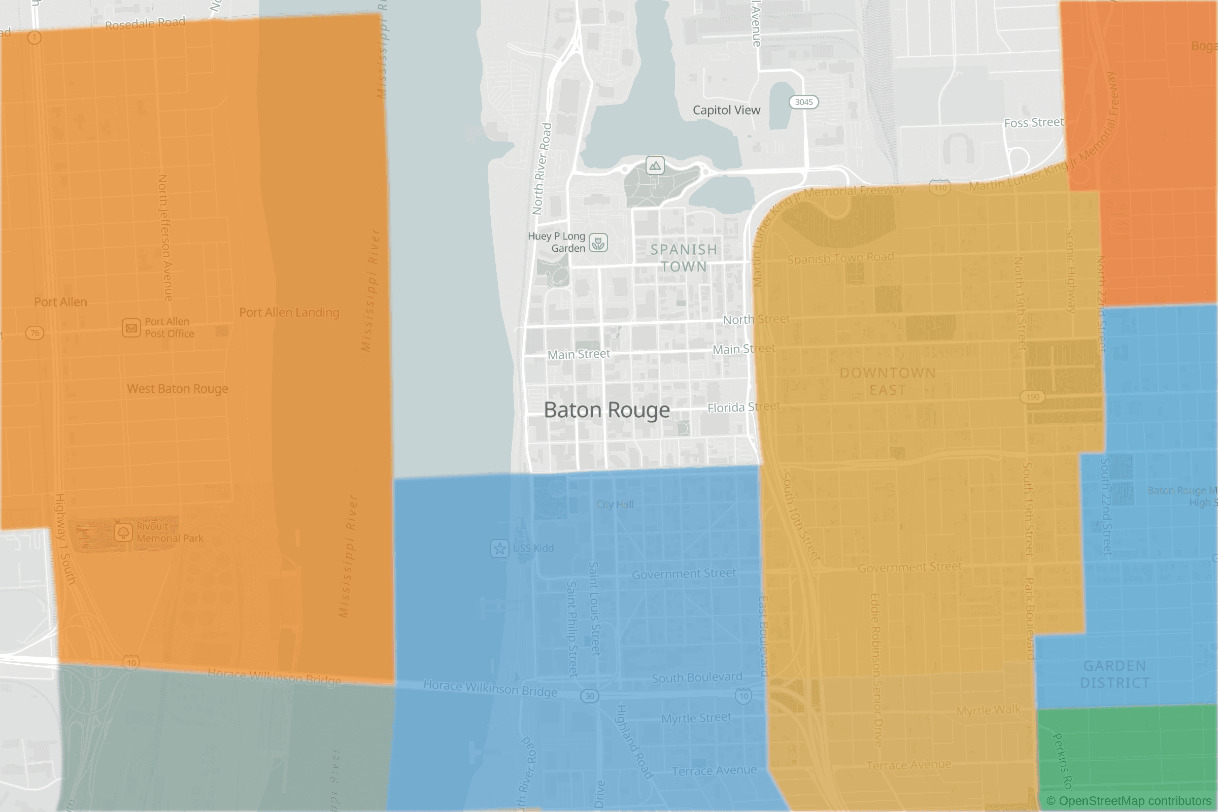 Map of central Baton Rouge, LA and the blocks around it, each census tract shaded by its neighborhood grade, A to F