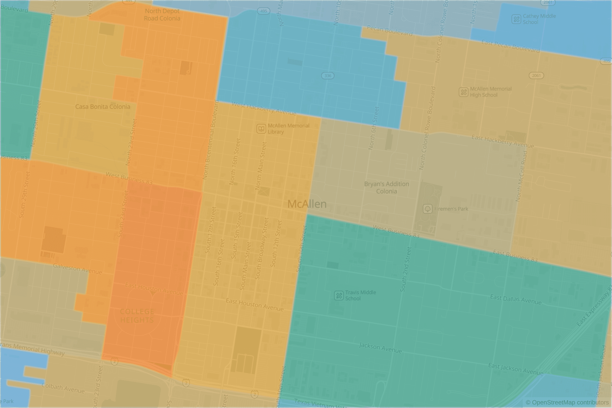 Map of central McAllen, TX and the blocks around it, each census tract shaded by its neighborhood grade, A to F