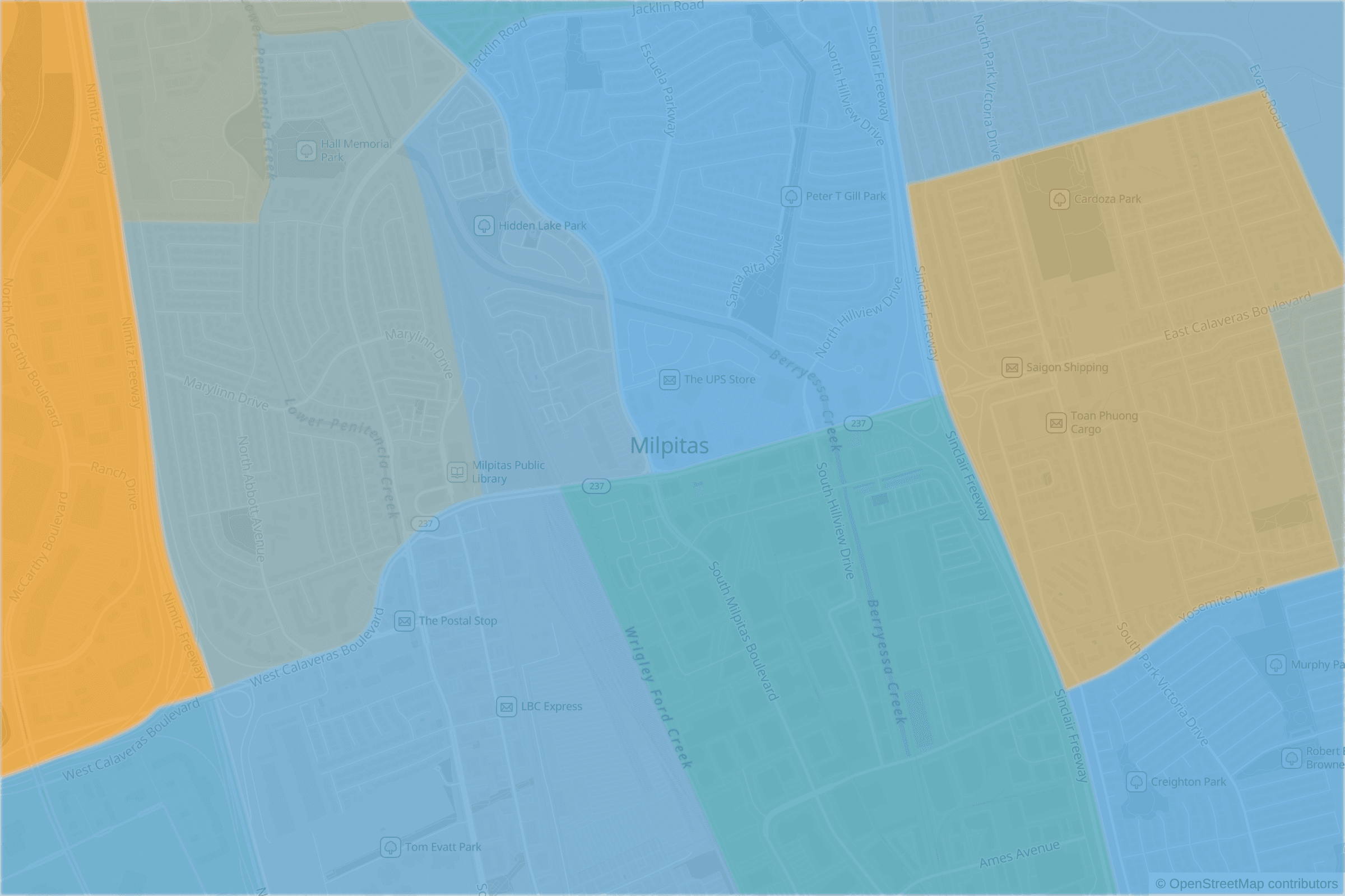 Map of central Milpitas, CA and the blocks around it, each census tract shaded by its neighborhood grade, A to F