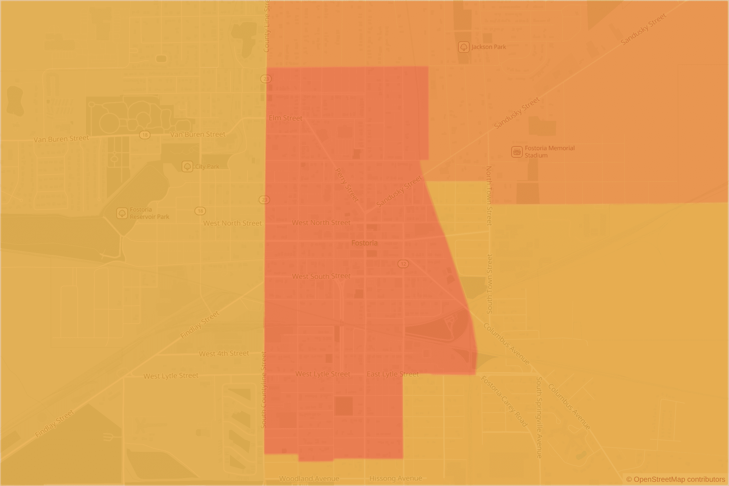 Map of central Fostoria, OH and the blocks around it, each census tract shaded by its neighborhood grade, A to F