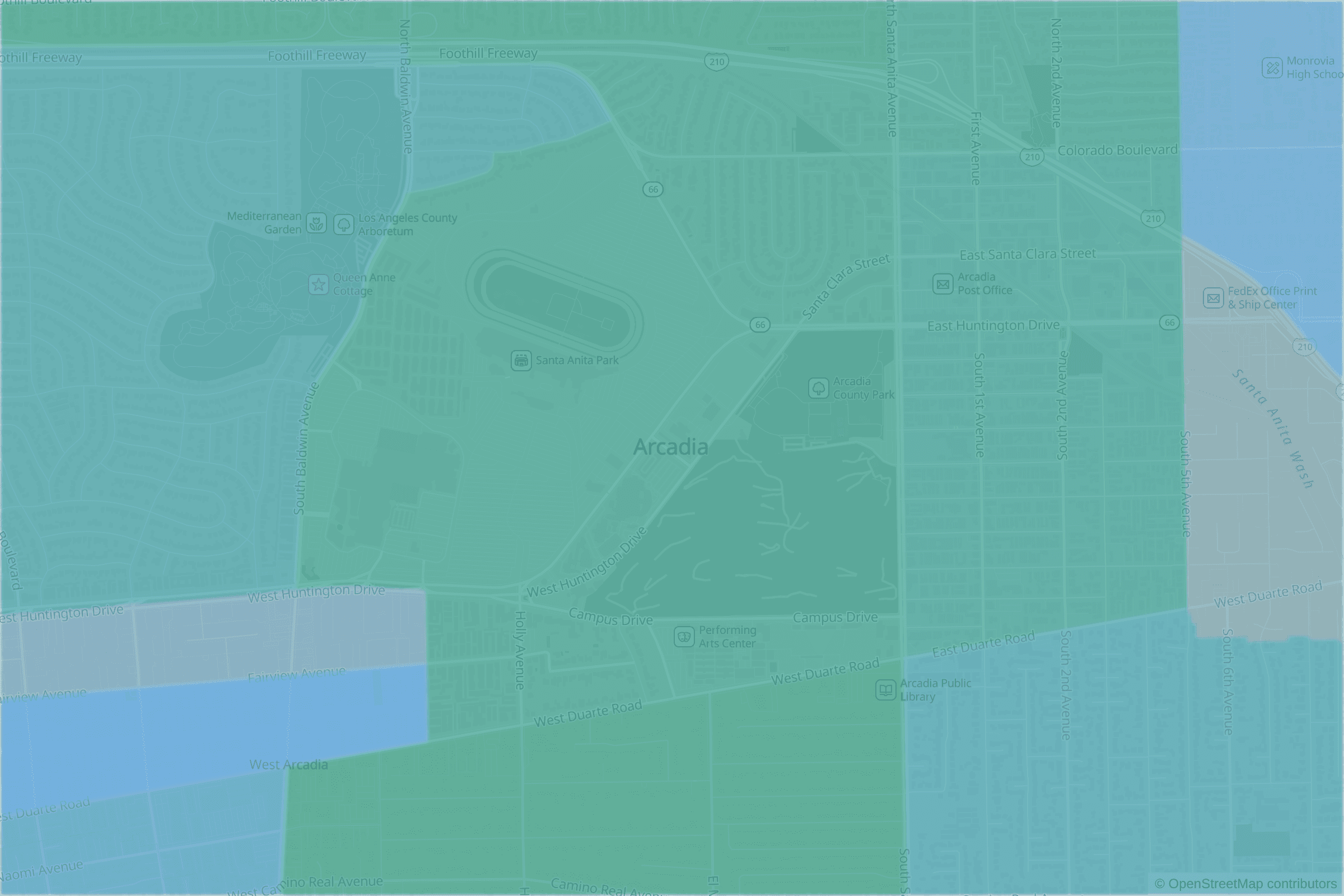 Map of central Arcadia, CA and the blocks around it, each census tract shaded by its neighborhood grade, A to F