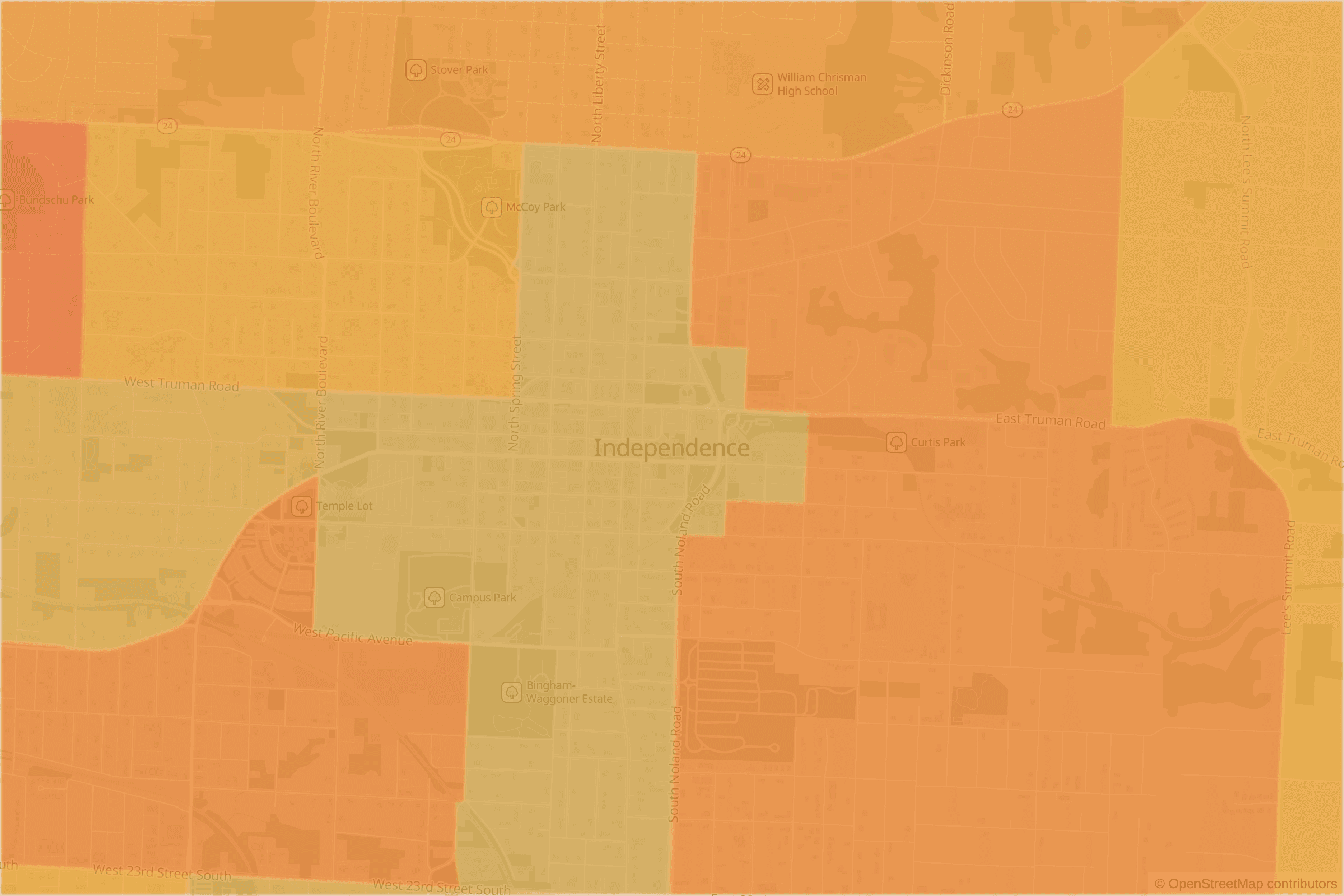 Map of central Independence, MO and the blocks around it, each census tract shaded by its neighborhood grade, A to F