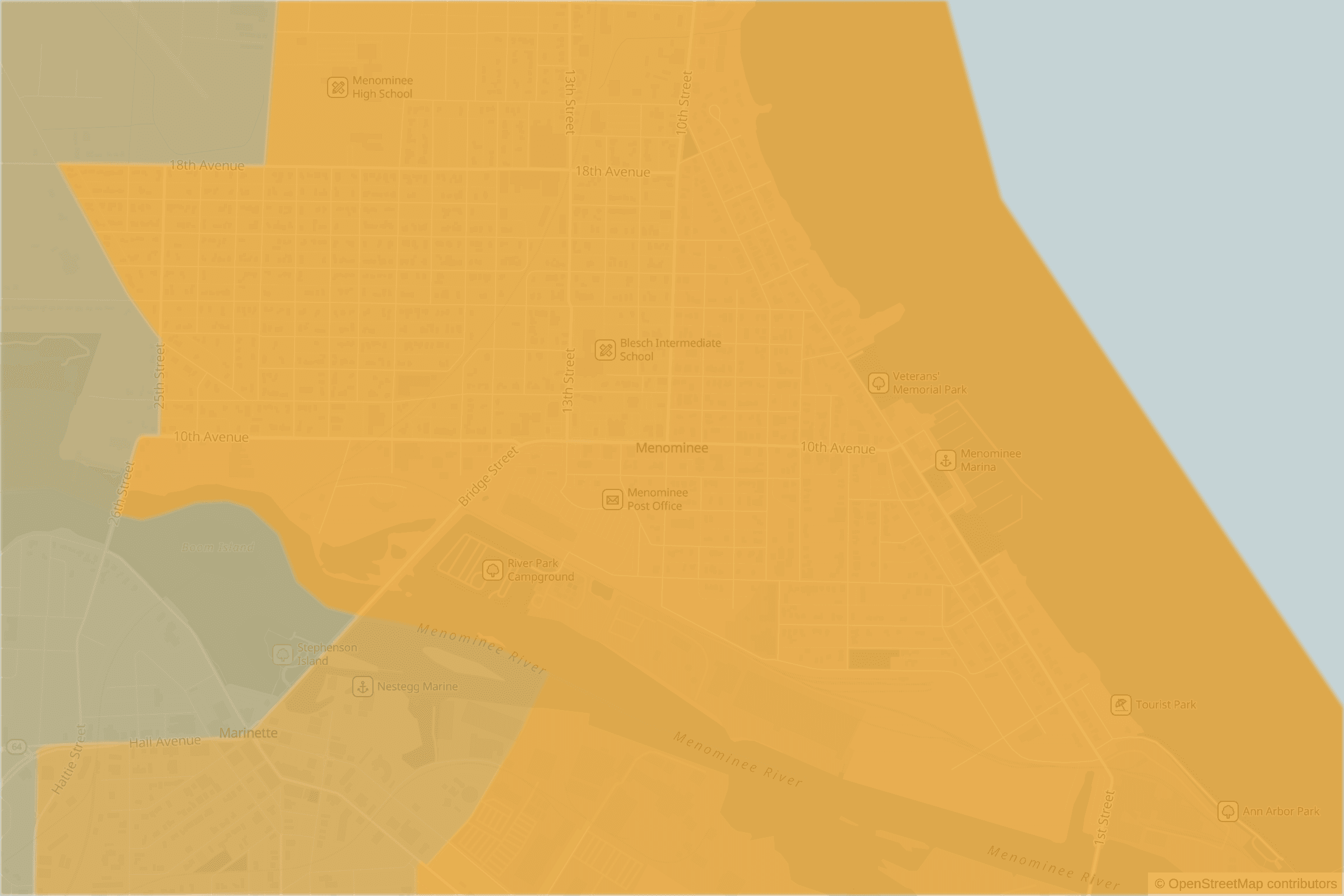 Map of central Menominee, MI and the blocks around it, each census tract shaded by its neighborhood grade, A to F
