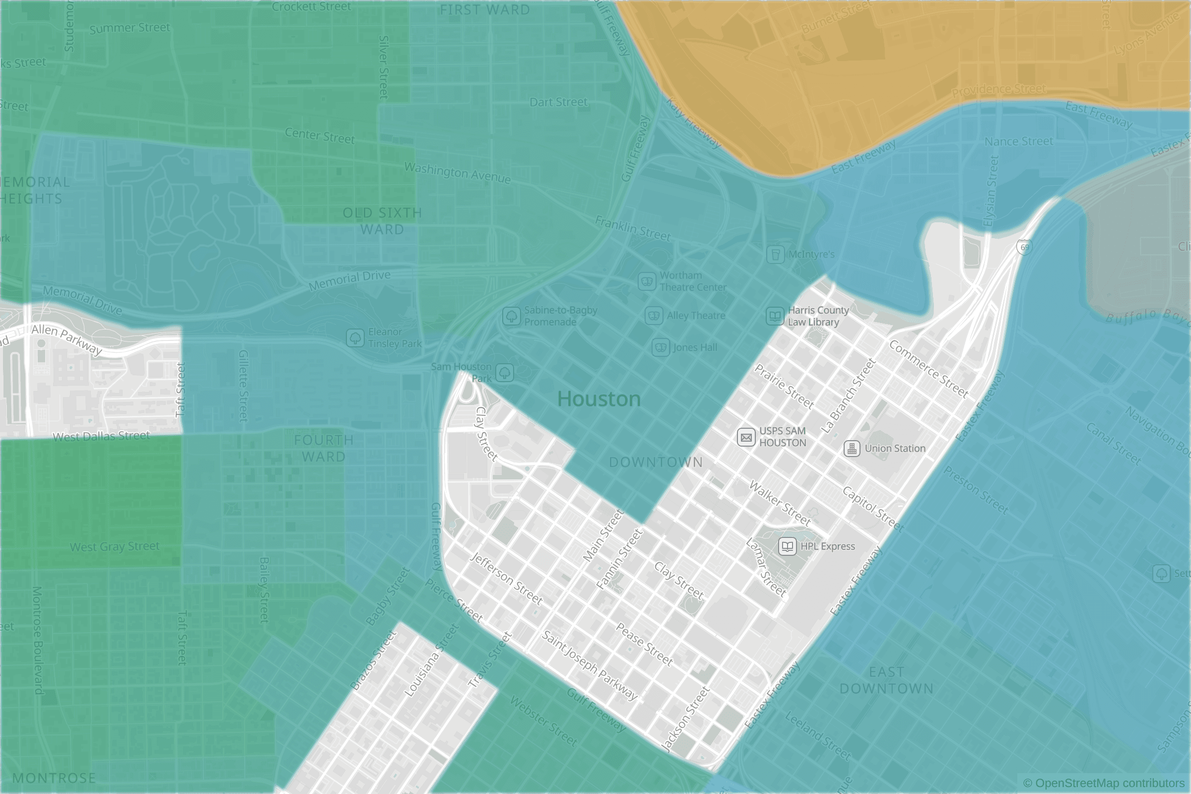 Map of central Houston, TX and the blocks around it, each census tract shaded by its neighborhood grade, A to F
