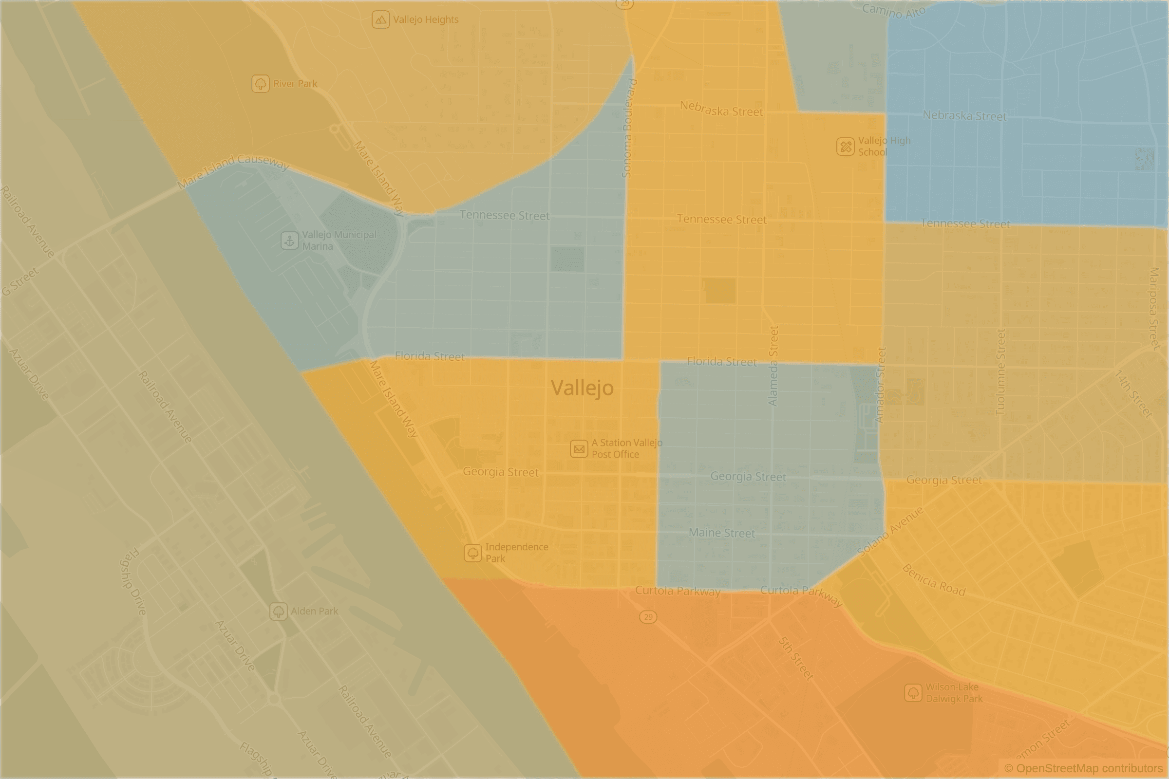Map of central Vallejo, CA and the blocks around it, each census tract shaded by its neighborhood grade, A to F