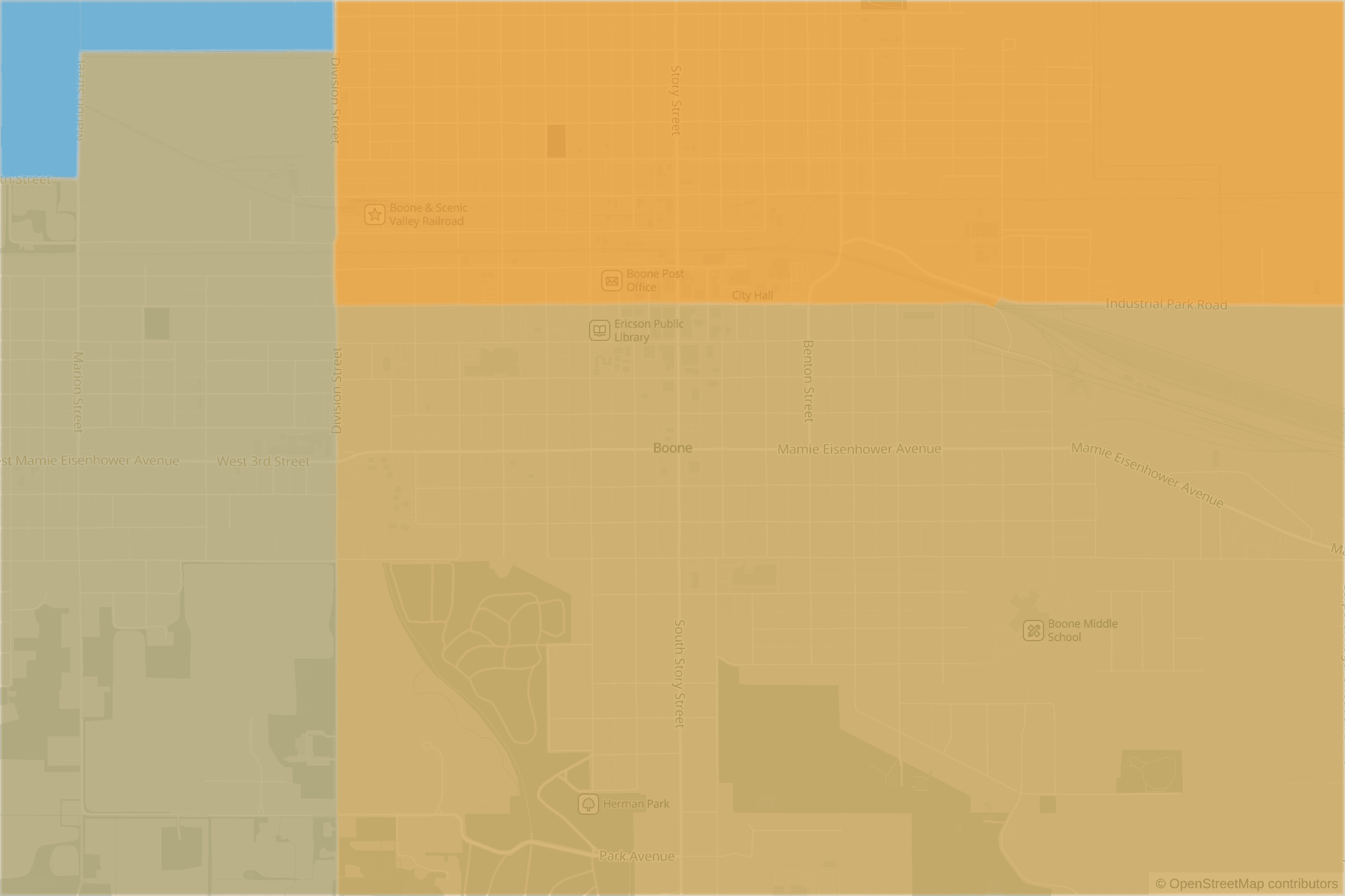 Map of central Boone, IA and the blocks around it, each census tract shaded by its neighborhood grade, A to F