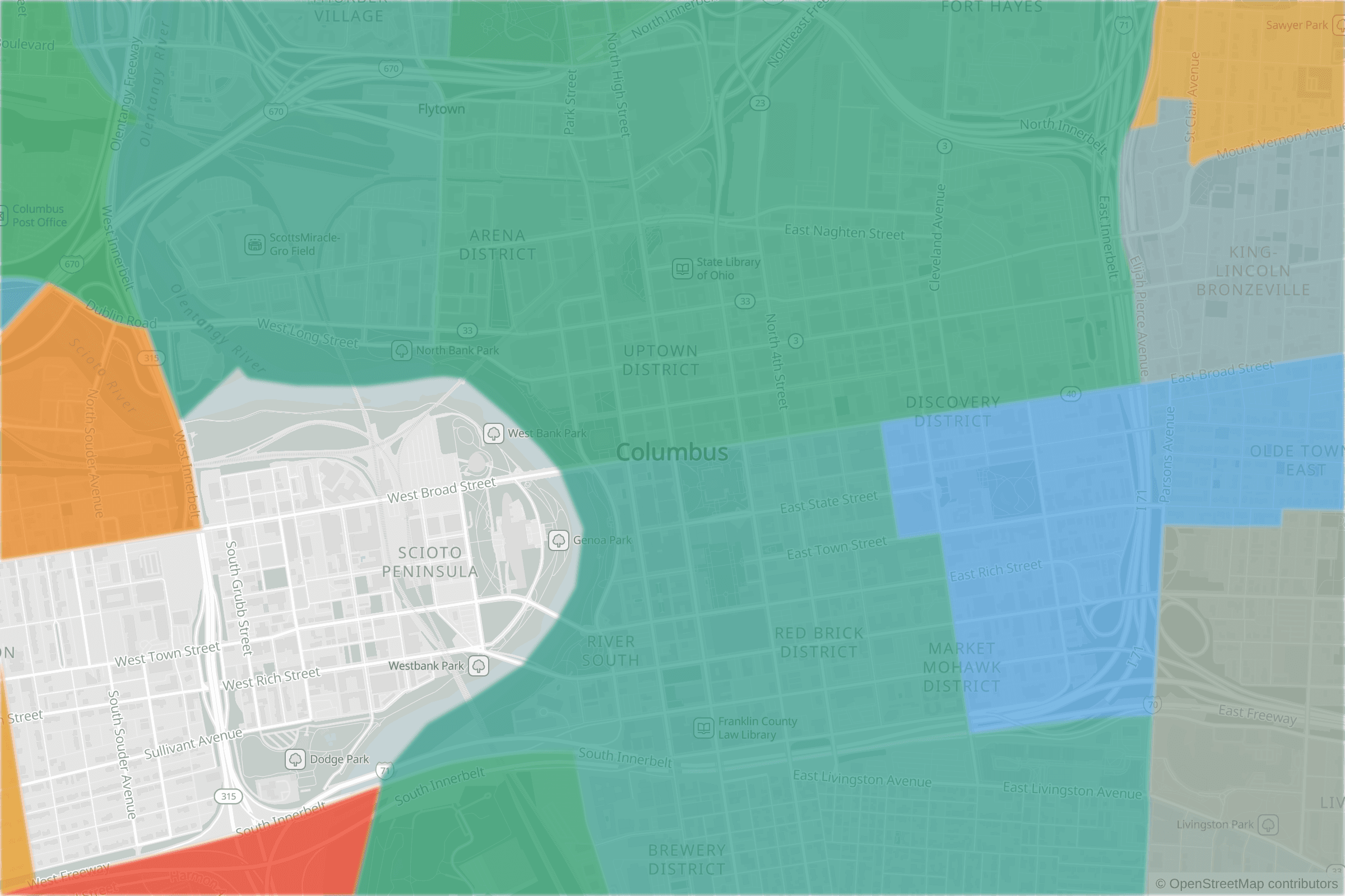 Map of central Columbus, OH and the blocks around it, each census tract shaded by its neighborhood grade, A to F