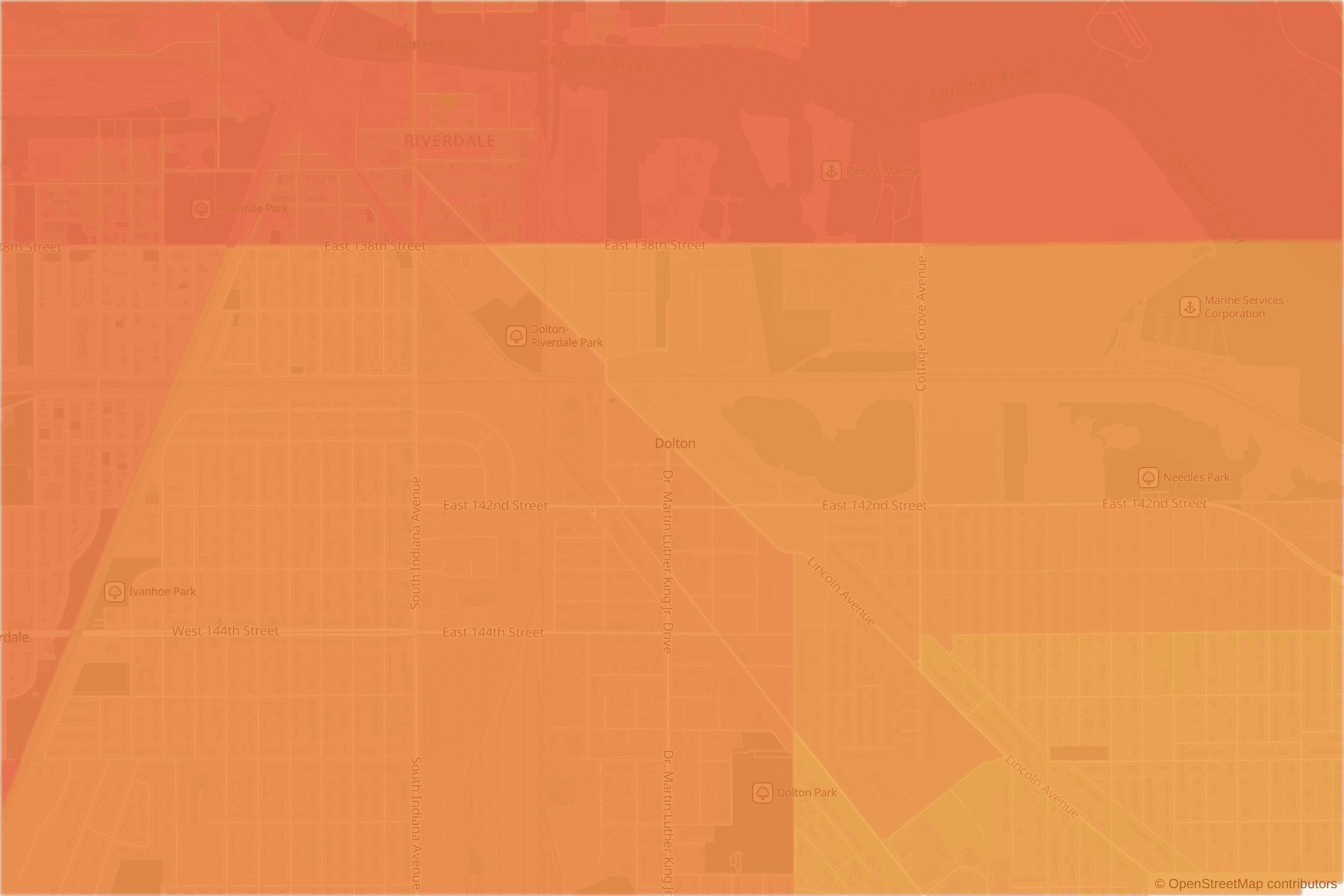 Map of central Dolton, IL and the blocks around it, each census tract shaded by its neighborhood grade, A to F