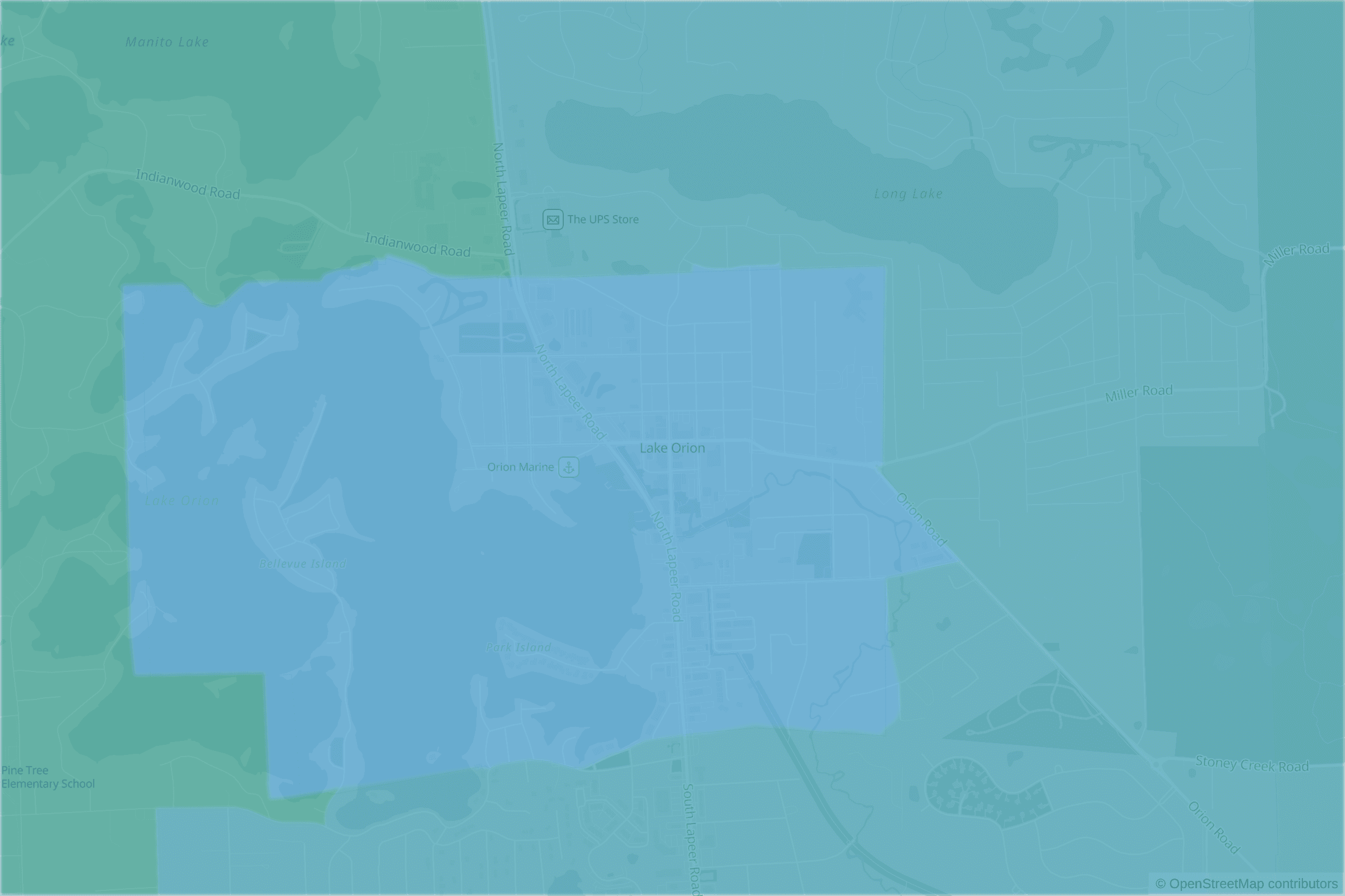 Map of central Lake Orion, MI and the blocks around it, each census tract shaded by its neighborhood grade, A to F