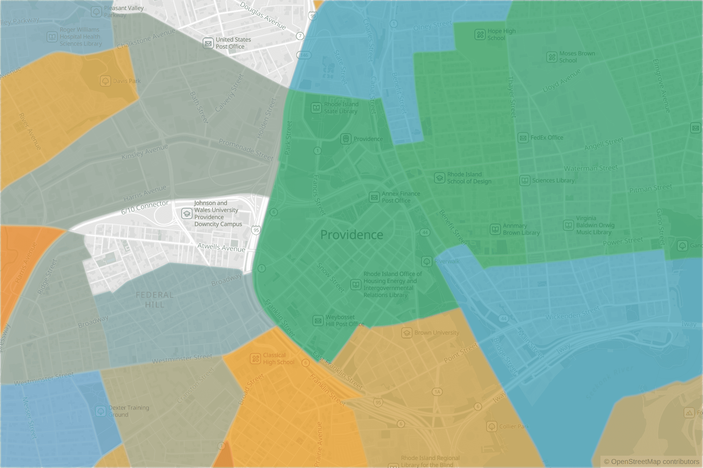 Map of central Providence, RI and the blocks around it, each census tract shaded by its neighborhood grade, A to F