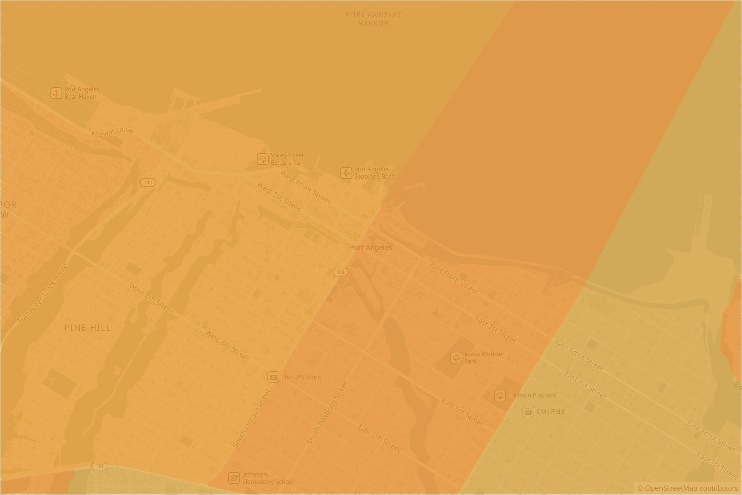 Map of central Port Angeles, WA and the blocks around it, each census tract shaded by its neighborhood grade, A to F