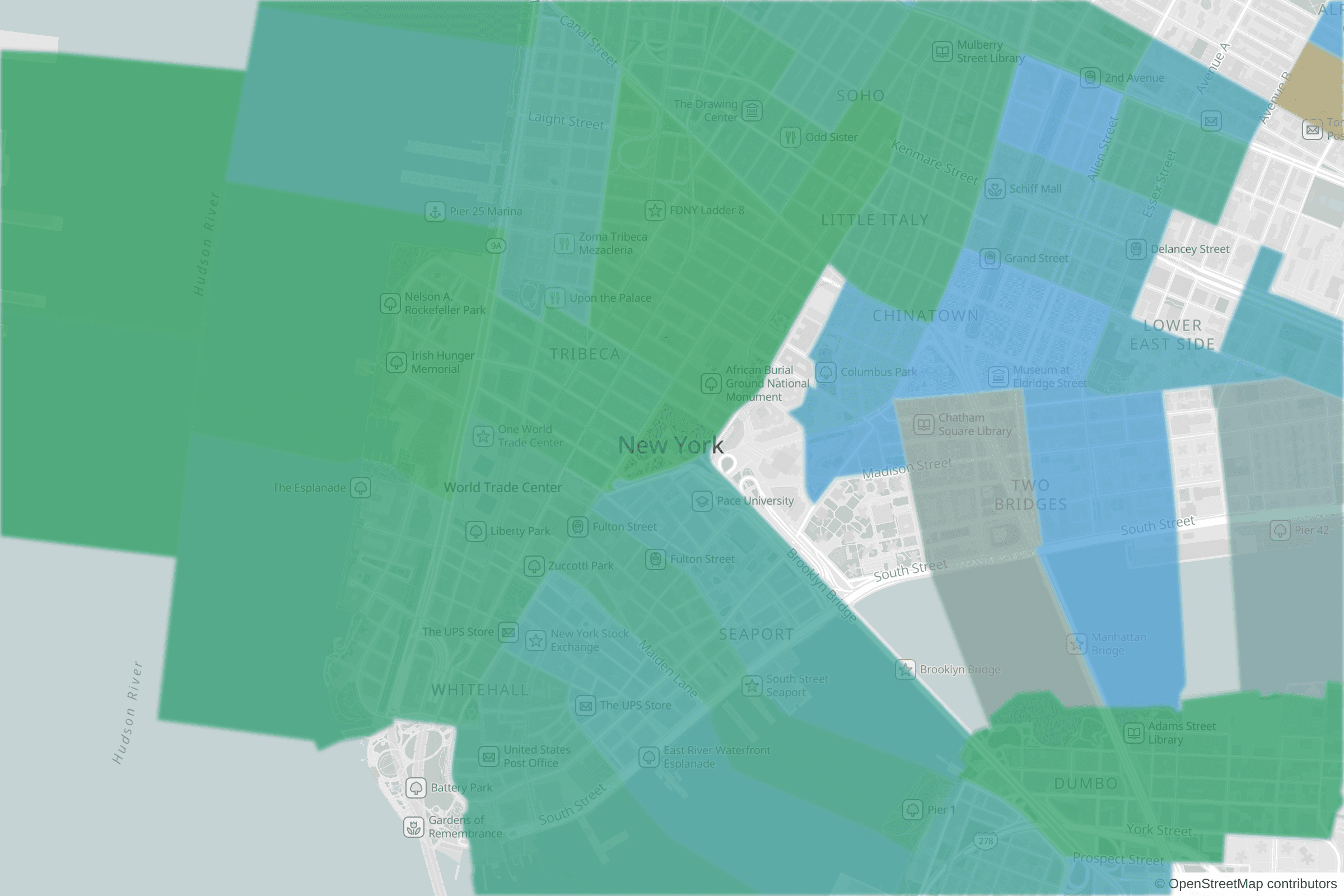 Map of central New York, NY and the blocks around it, each census tract shaded by its neighborhood grade, A to F