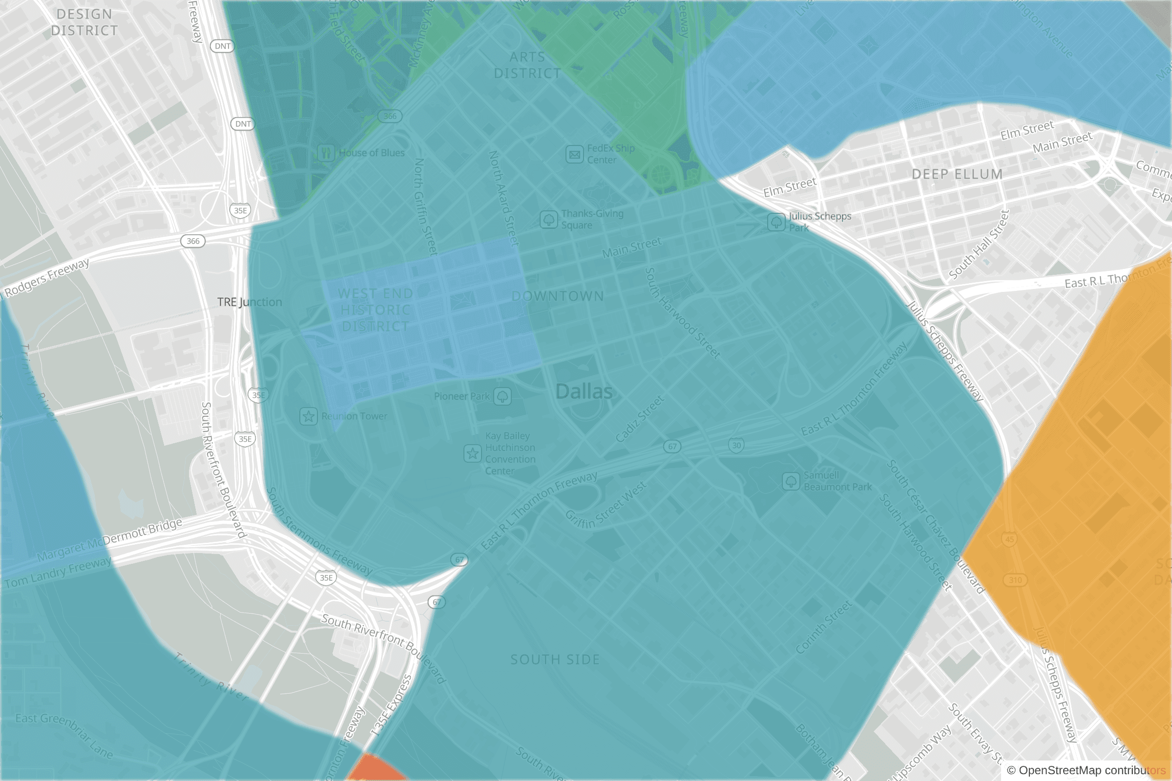 Map of central Dallas, TX and the blocks around it, each census tract shaded by its neighborhood grade, A to F