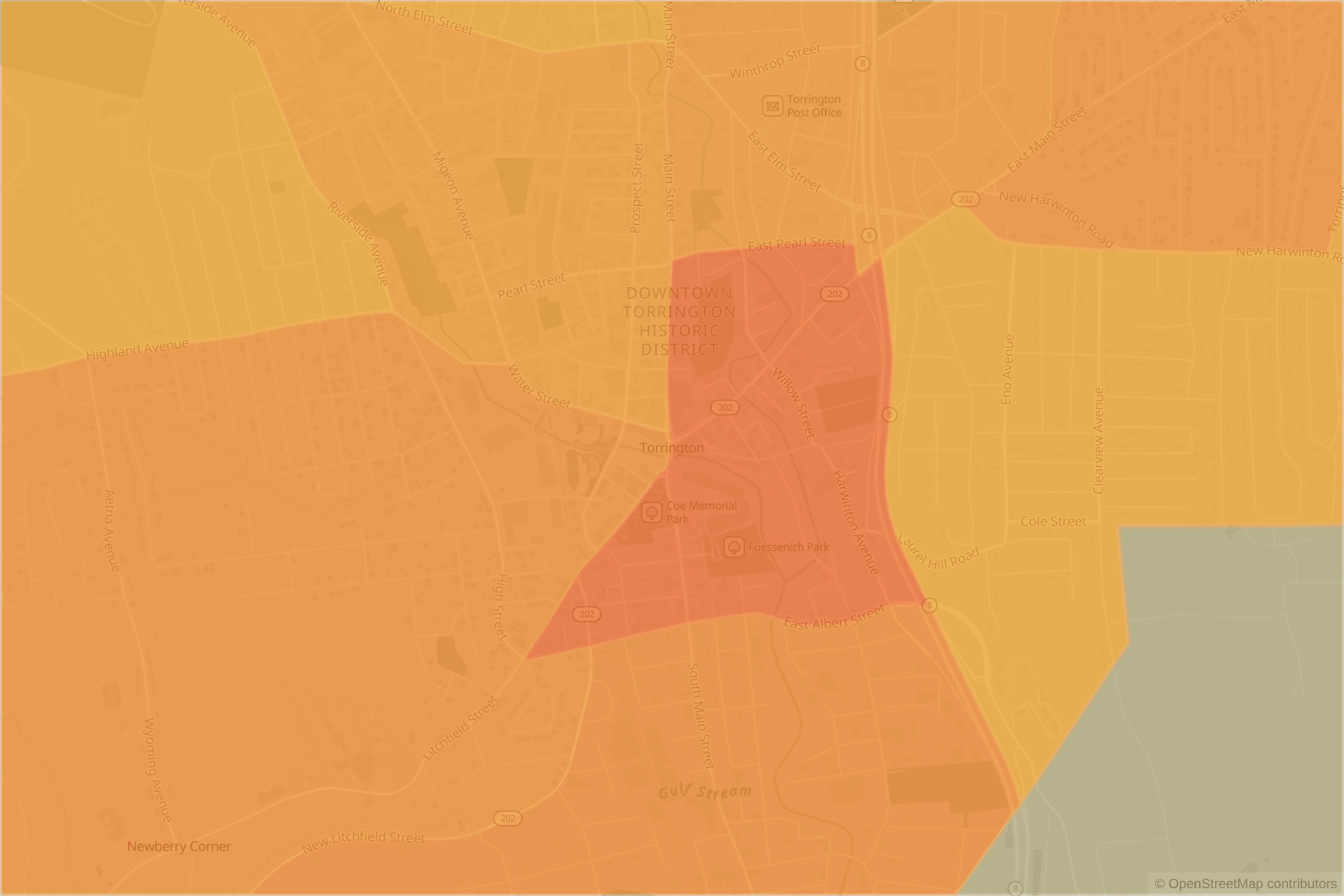 Map of central Torrington, CT and the blocks around it, each census tract shaded by its neighborhood grade, A to F