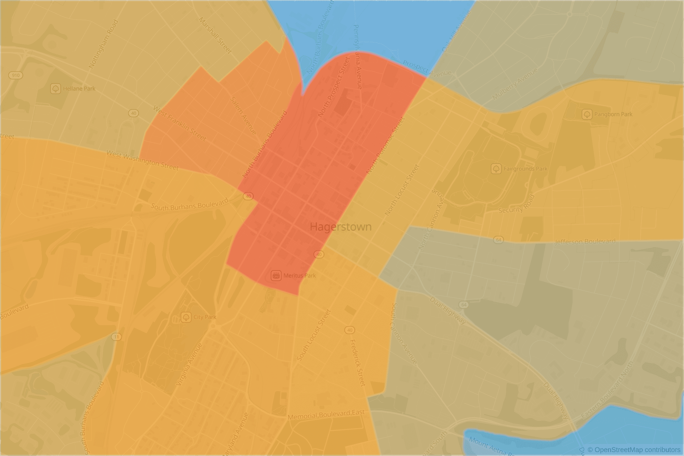 Map of central Hagerstown, MD and the blocks around it, each census tract shaded by its neighborhood grade, A to F