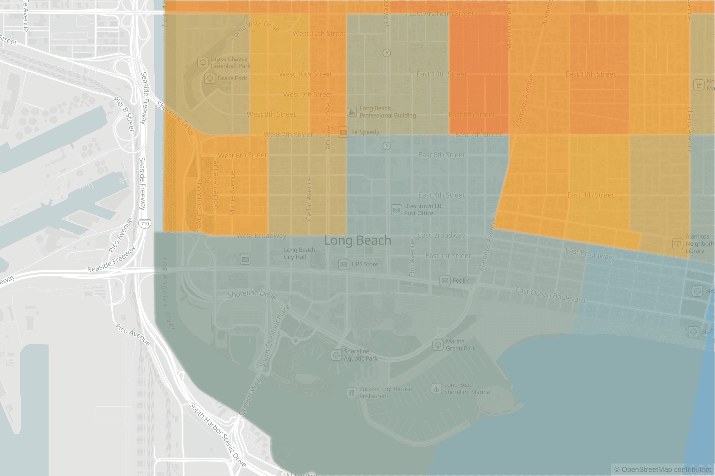 Map of central Long Beach, CA and the blocks around it, each census tract shaded by its neighborhood grade, A to F