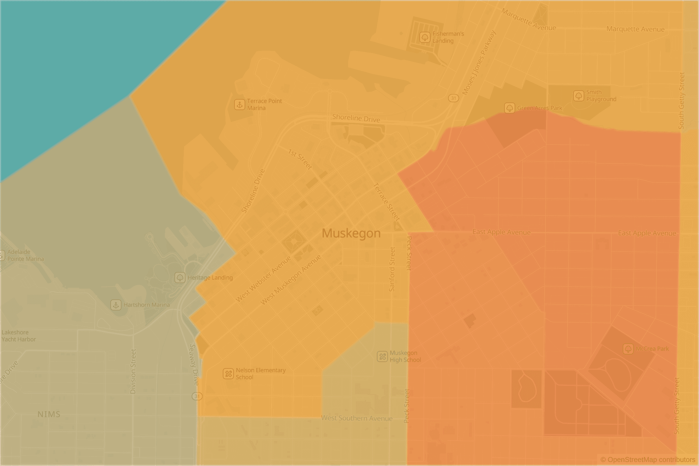 Map of central Muskegon, MI and the blocks around it, each census tract shaded by its neighborhood grade, A to F