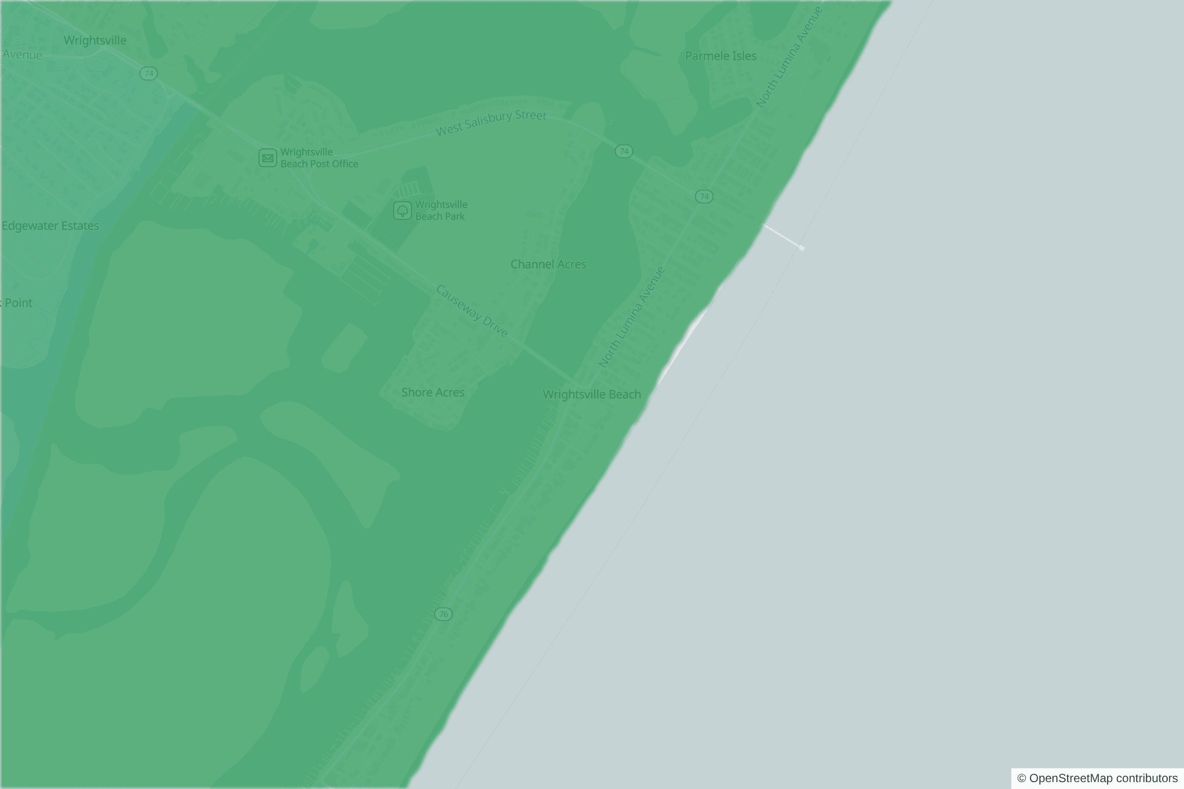 Map of central Wrightsville Beach, NC and the blocks around it, each census tract shaded by its neighborhood grade, A to F
