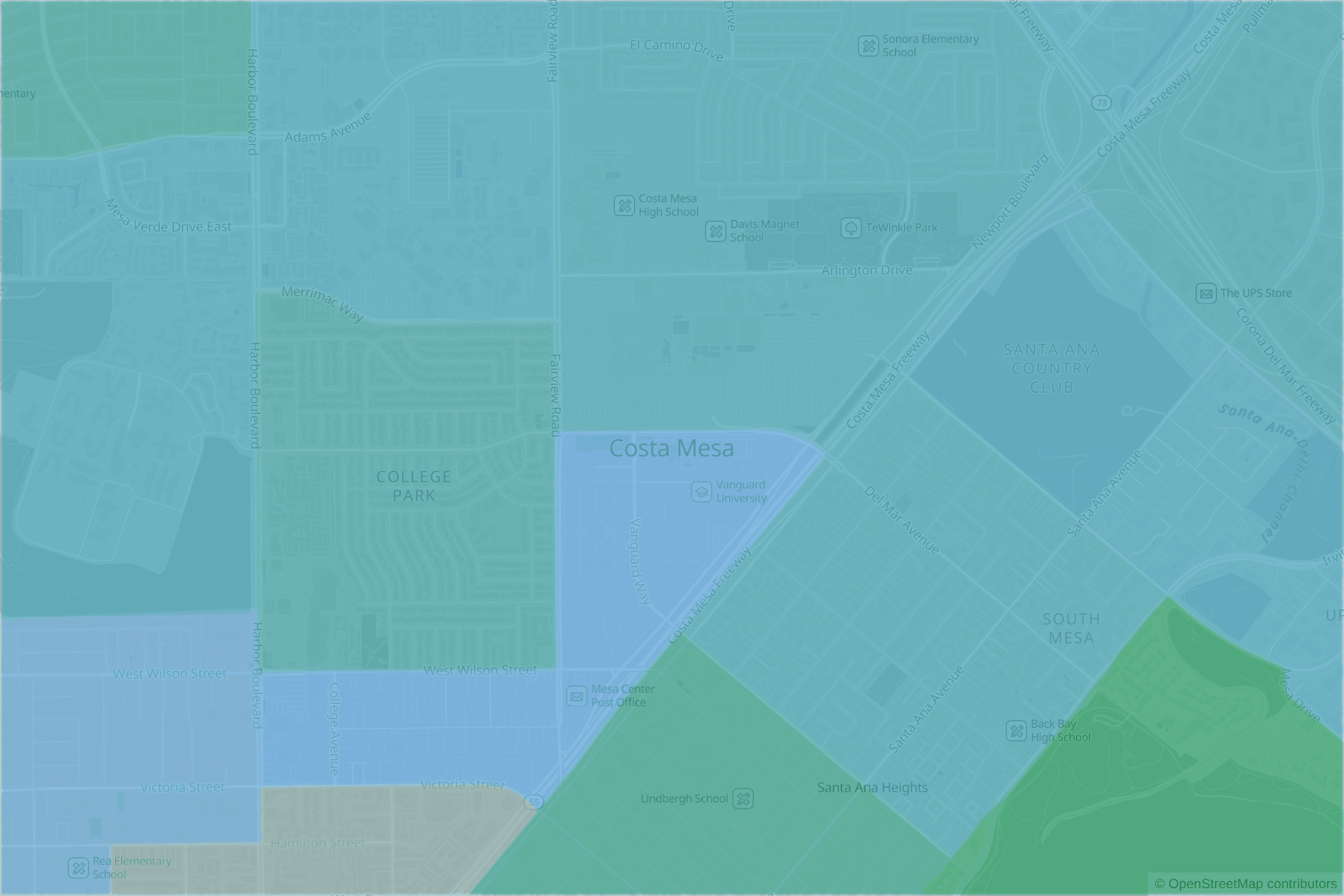 Map of central Costa Mesa, CA and the blocks around it, each census tract shaded by its neighborhood grade, A to F