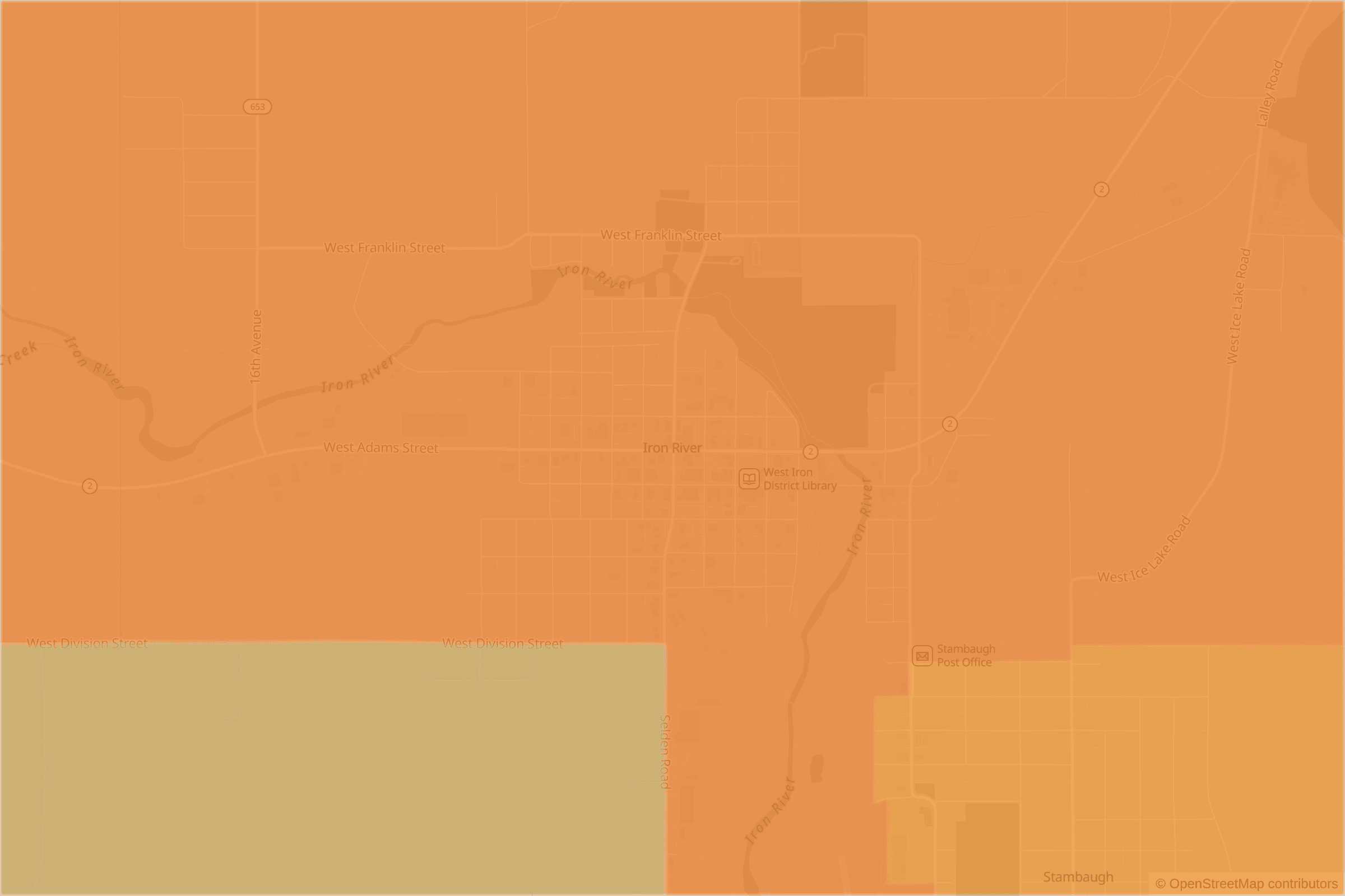 Map of central Iron River, MI and the blocks around it, each census tract shaded by its neighborhood grade, A to F