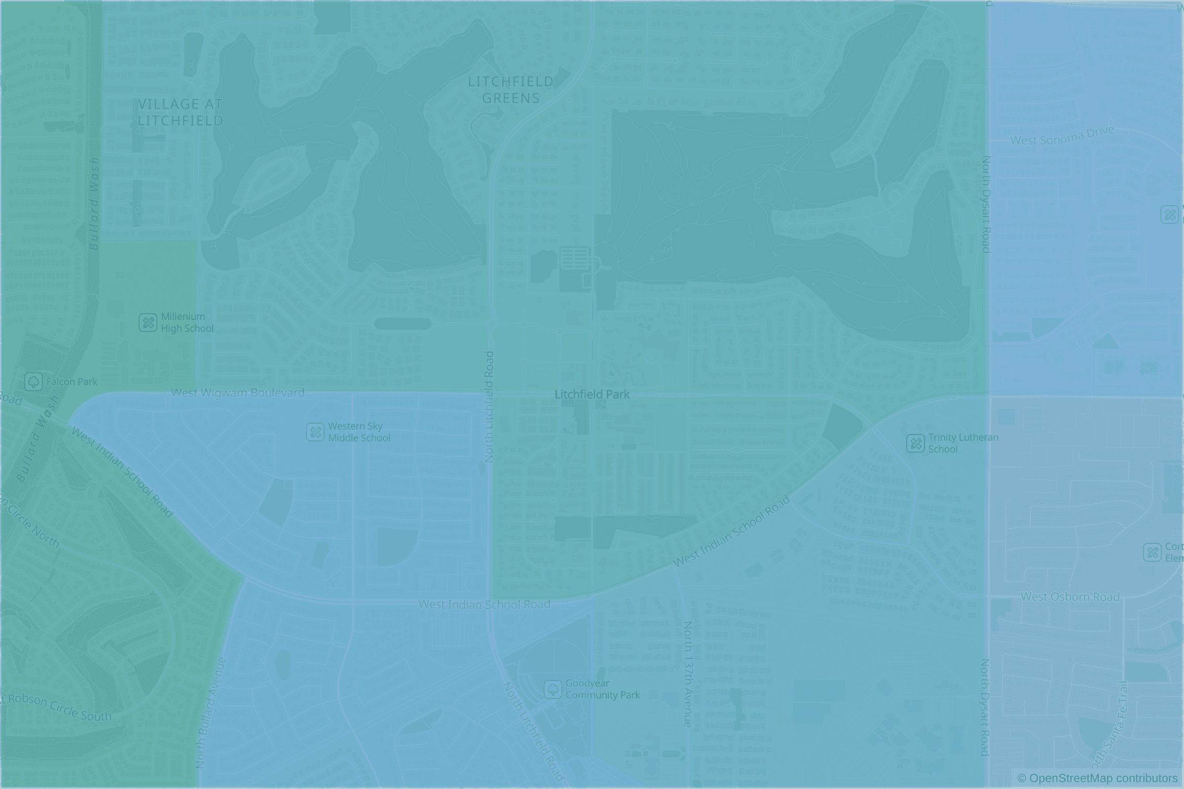 Map of central Litchfield Park, AZ and the blocks around it, each census tract shaded by its neighborhood grade, A to F