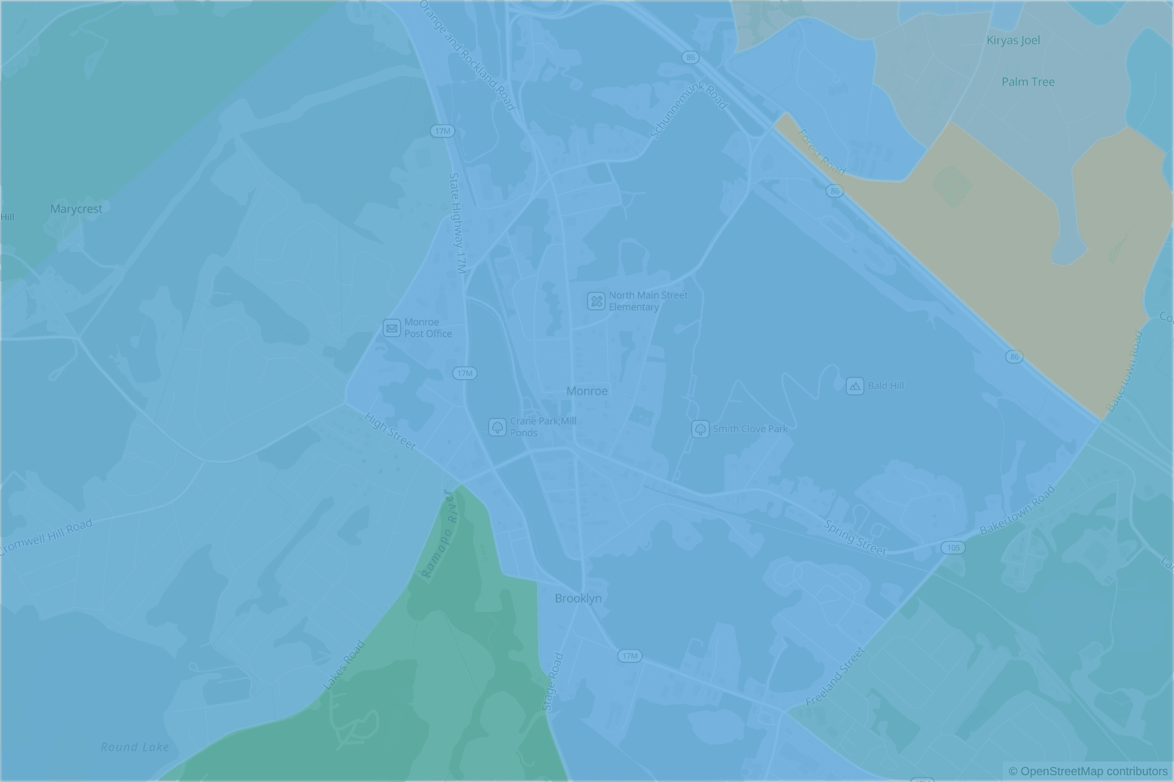 Map of central Monroe, NY and the blocks around it, each census tract shaded by its neighborhood grade, A to F