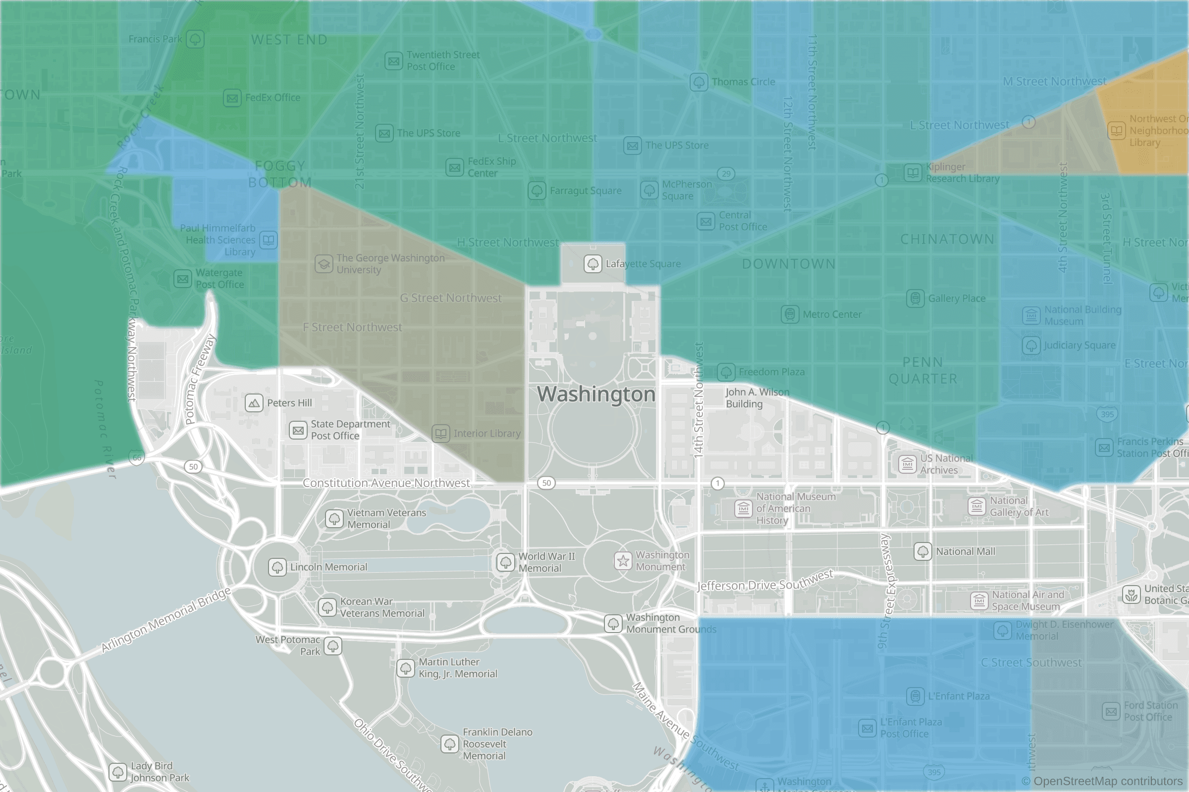 Map of central Washington, DC and the blocks around it, each census tract shaded by its neighborhood grade, A to F